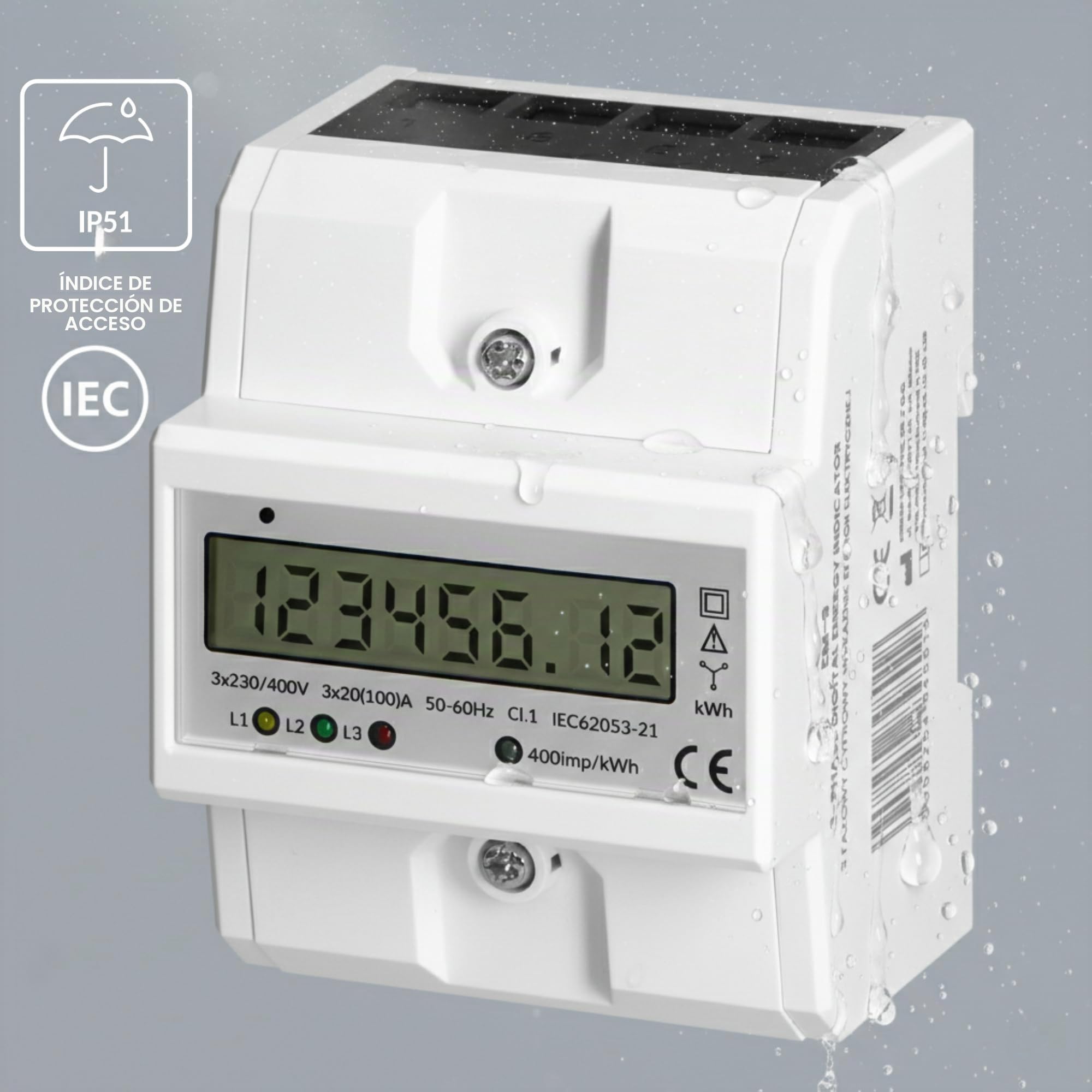 Indicador Medidor de Energia Trifasico 3x230/400 V - 100A Medidor De Consumo Electrico Montaje Carril DIN TH-35mm, Protección IP51