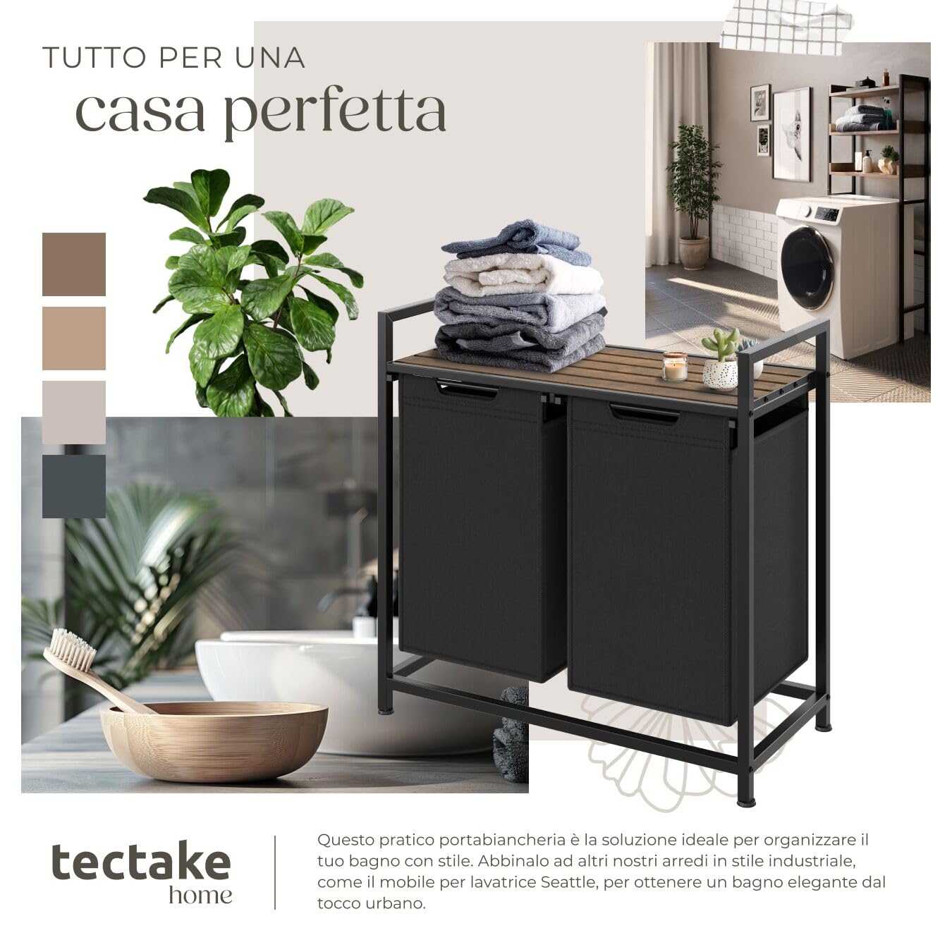 tectake® Cesto per Biancheria con Ripiano Effetto Legno, Cesto Portabiancheria con Sacchi Estraibili, Porta Biancheria con Struttura in Acciaio, Regolabile, Design Industriale - 34x74x72 cm