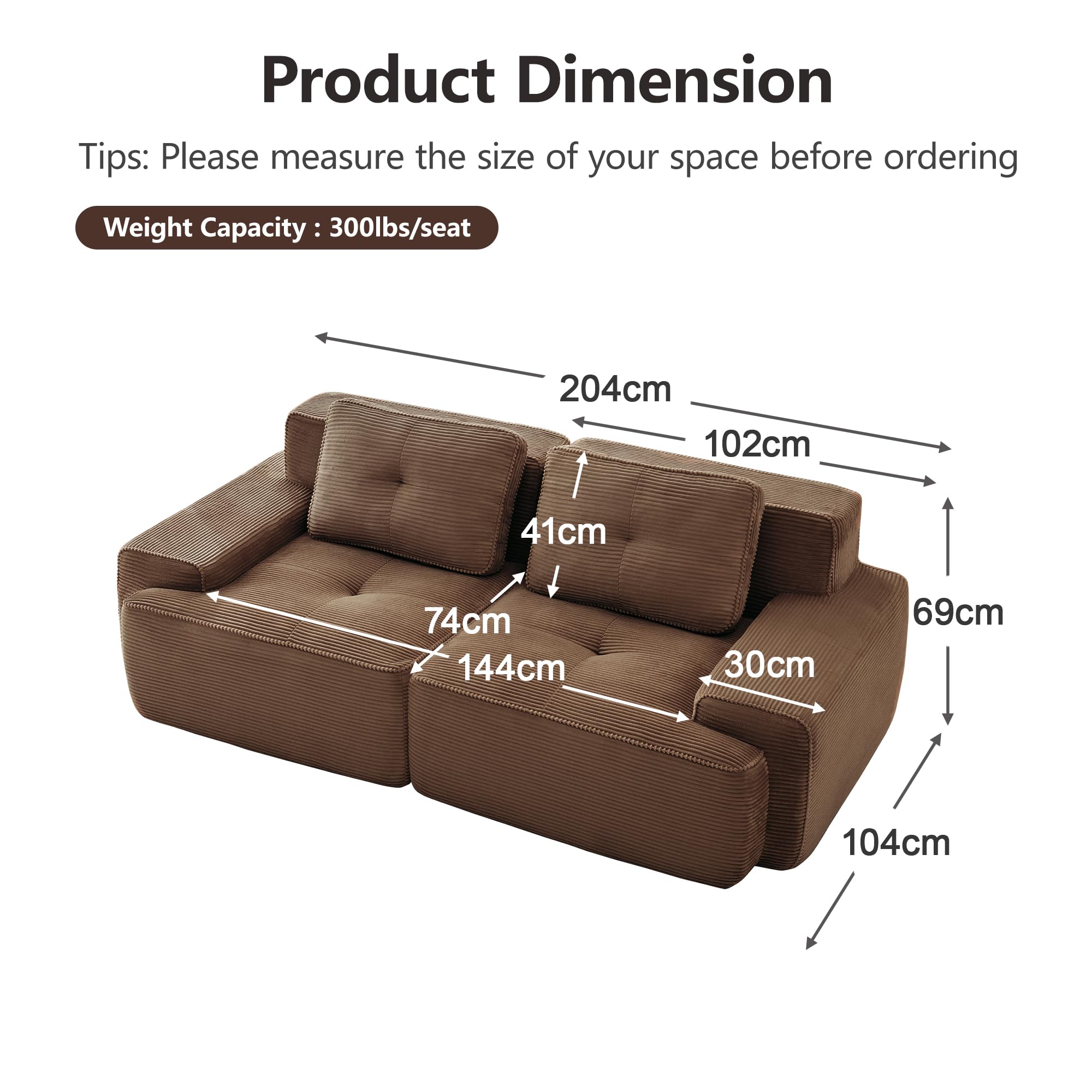 Boneless Sofá modular, moderno para salón con asiento bajo de 74 cm, sofá de pana, sofá tapizado en la nube combinable, para salón (marrón, 2S)