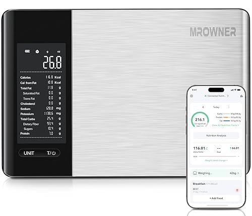 Smart Food - Báscula de cocina con calculadora nutricional, aplicación gratuita con seguimiento de 19 nutrientes, calorías, marco, peso digital