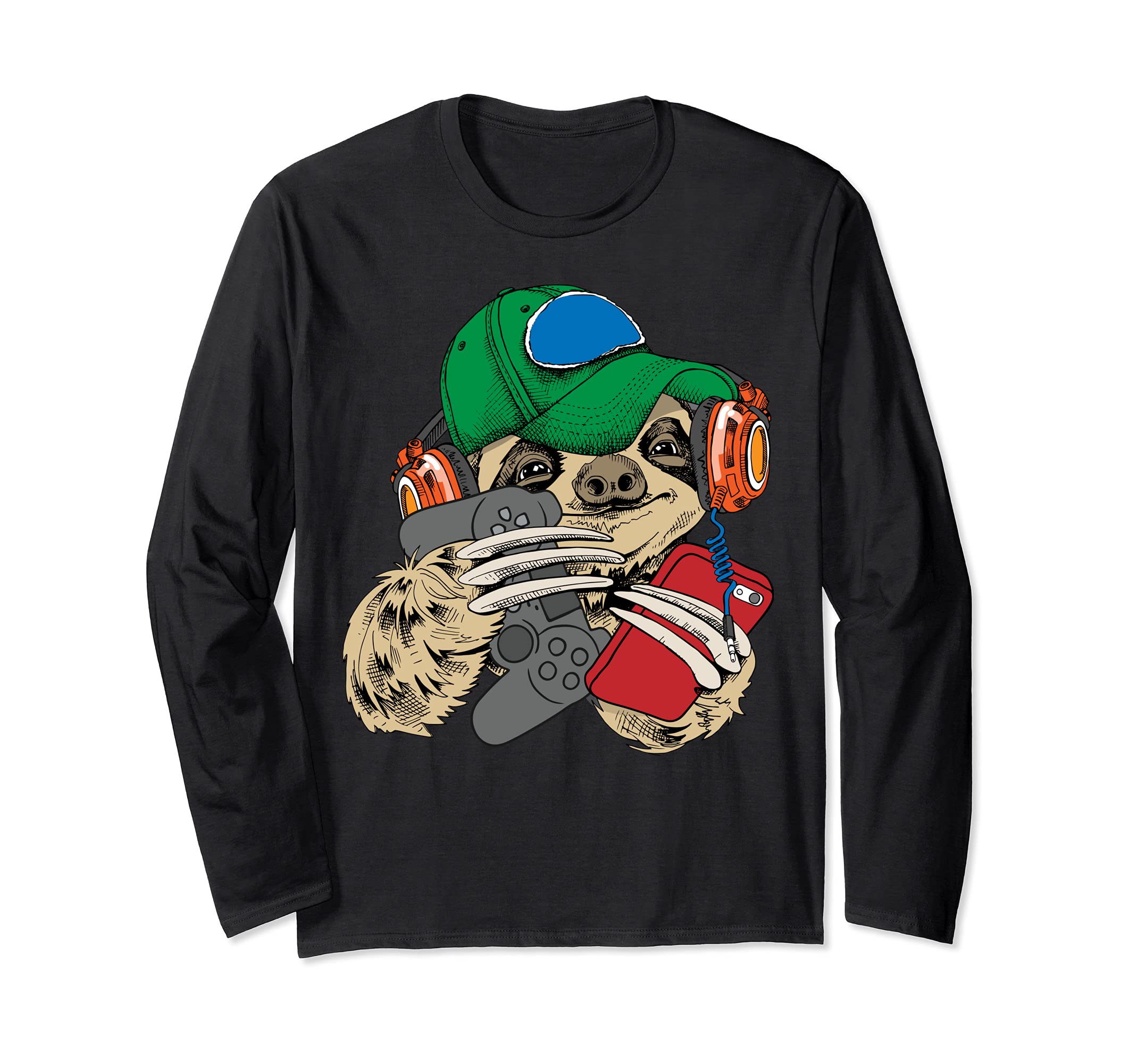 Gamer Sloth Fun Hipster Couch Potato Video Game Player Long Sleeve T-Shirt, Black
