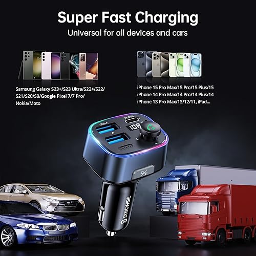 Miniatura 8 de Syncwire Bluetooth 5.3 Transmisor FM Adaptador de coche 48W (PD 36W y 12W) Interruptor de luz Bajo Profundo HiFi Carga Rápida Adaptador de Música de