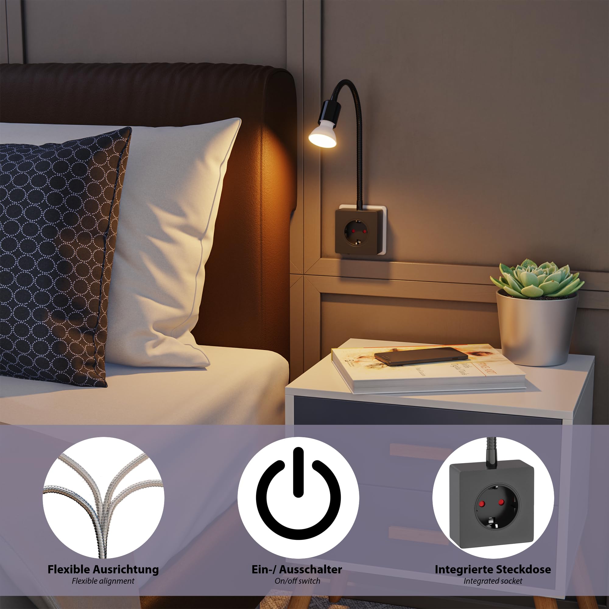 ledscom.de Steckdosenlampe LESCH Leselampe, chrom/schwarz inkl. GU10 LED Lampe 5,8W, 500lm, 3-Stufen-Dimmer, warmweiß