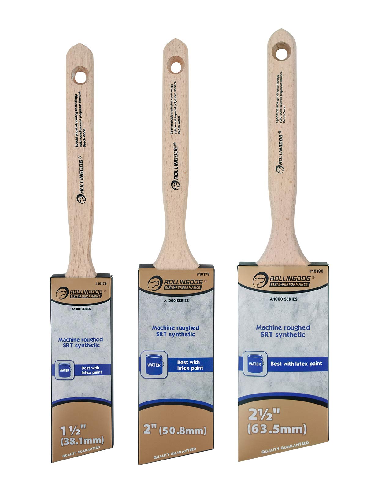 ROLLINGDOG Lot de 3 pinceaux professionnels de 3,8 cm, 5,1 cm, 6,3 cm, avec filament SRT rugueux de qualité supérieure, parfaits pour une coupe précise et d'autres travaux de détail