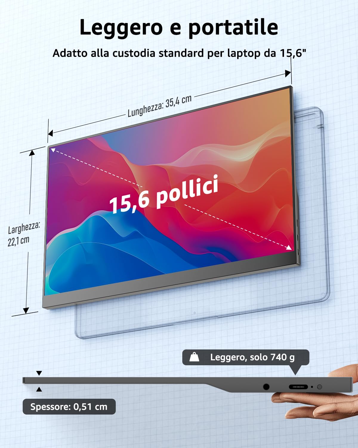 Yodoit Monitor Portatile da 15,6" con display IPS FHD 1920x1080P | Connettività USB-C e HDMI, altoparlanti integrati, con Smart Cover, per laptop, PC, Mac, PS3/4/5, Xbox