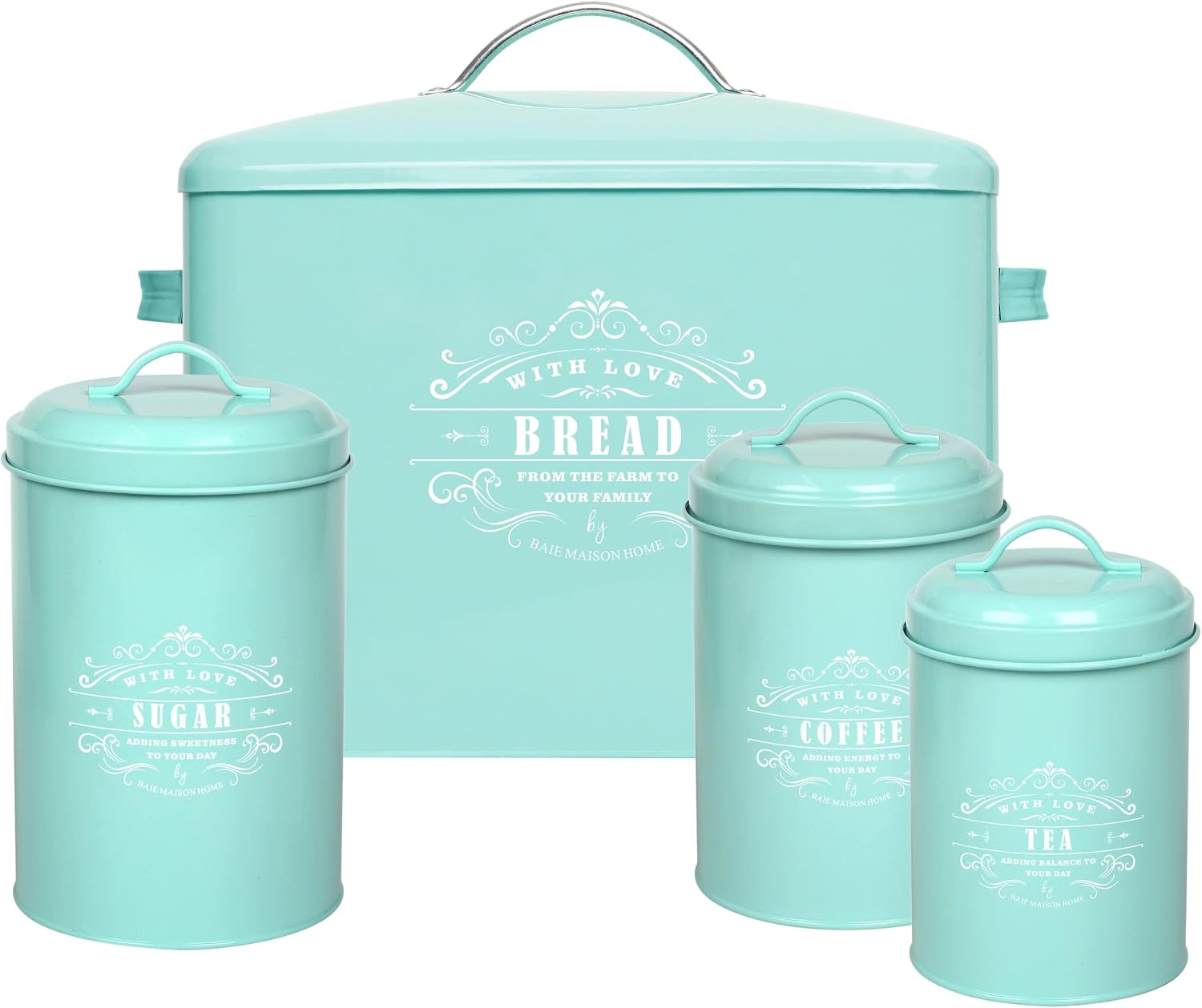 Baie Maison Extra Large Teal Farmhouse Bread Box for Kitchen Countertop - Holds 2+ Loaves for All Your Bread Storage with Matching Large Kitchen Canisters Set of 3 - Coffee Tea Sugar Container Set