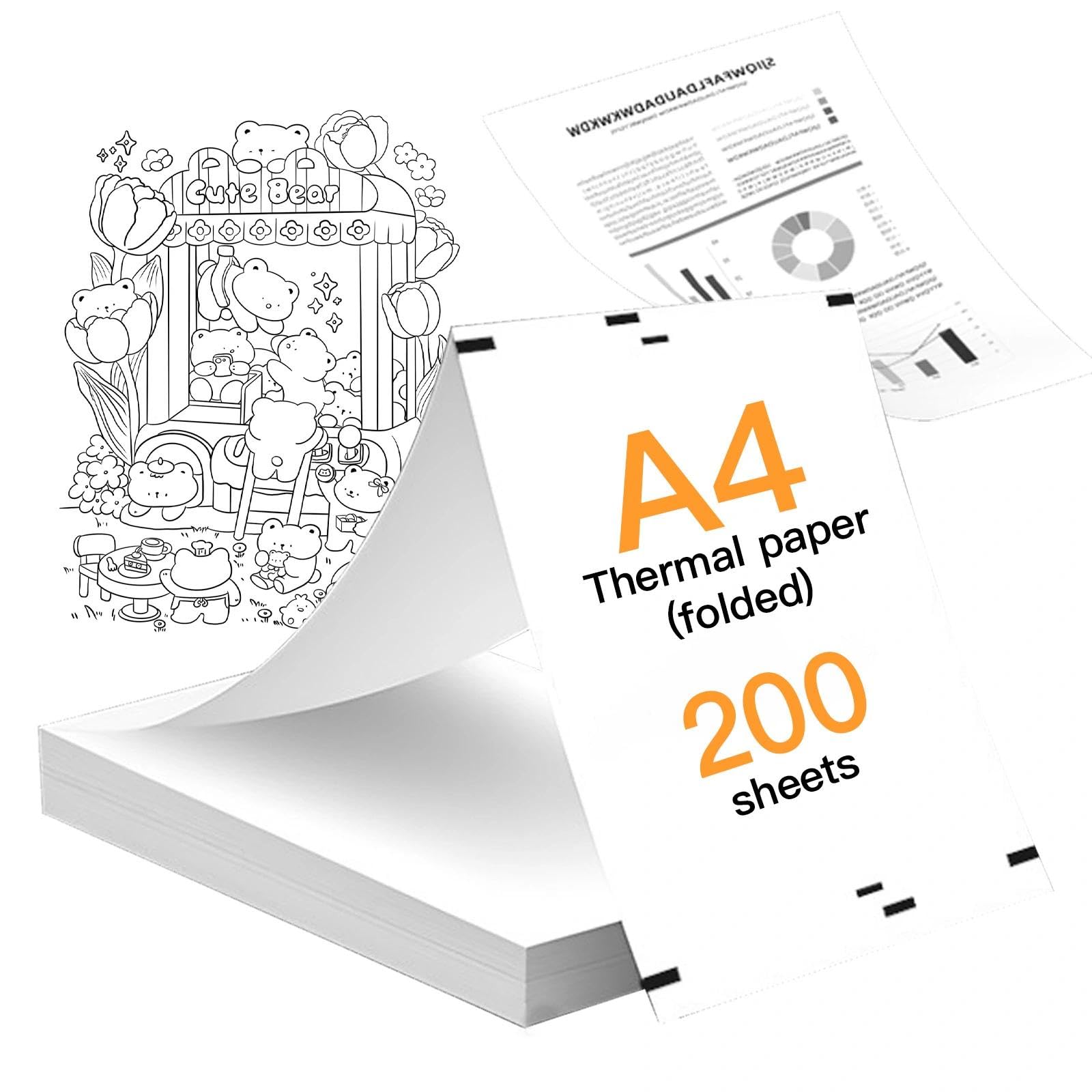 200 Hojas de Papel Térmico A4 Plegable sin BPA Secado Rapido Papel Impresora Térmica Compatible Impresoras Termicas Portatiles para Documentos Fotos y Paginas Web - 210mm x 297mm