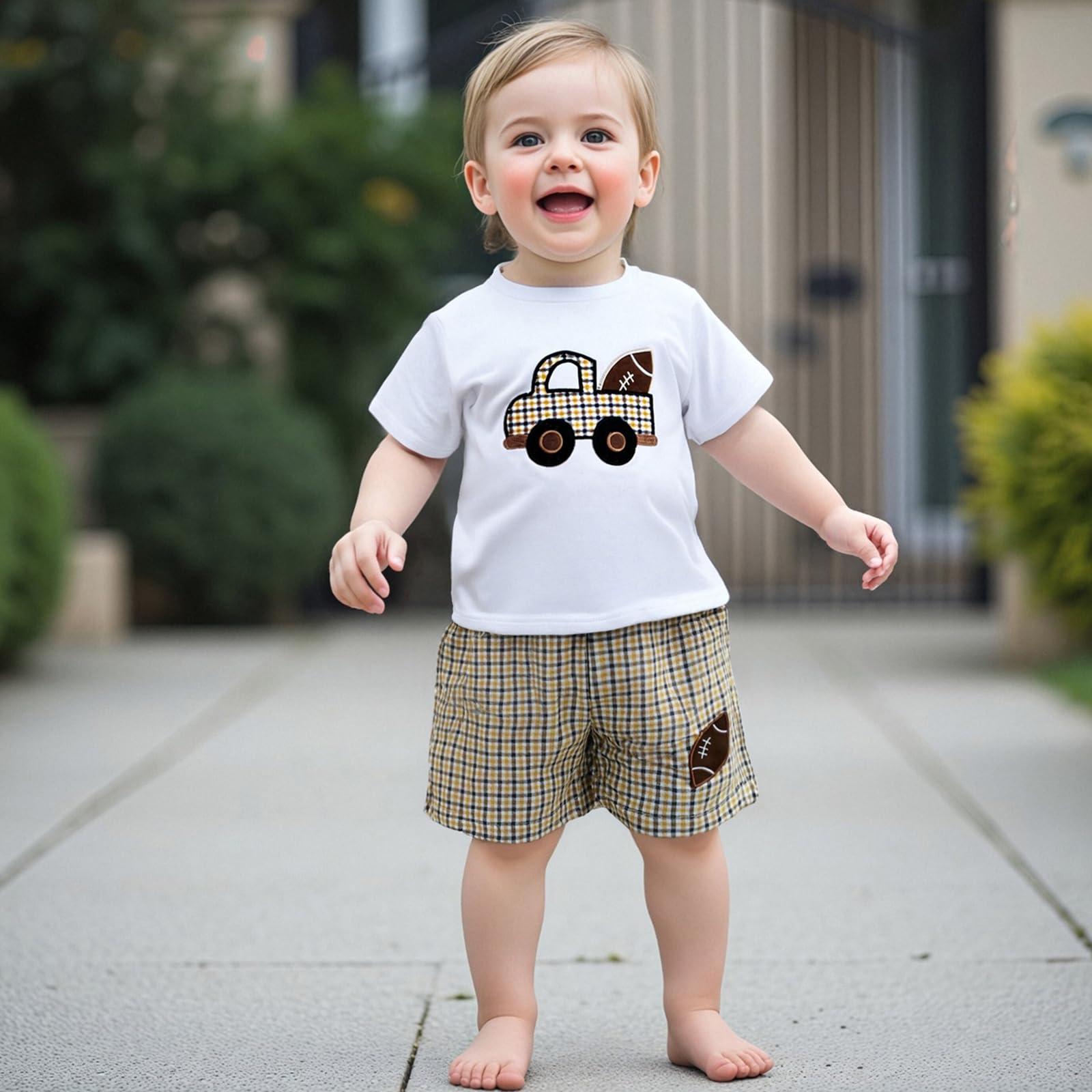 Baby Boys Summer Outfits Car/Football Embroidery Short Sleeves T-Shirt and Plaid Shorts Set 2 Piece Casual Clothes (A-White, 3-4T)