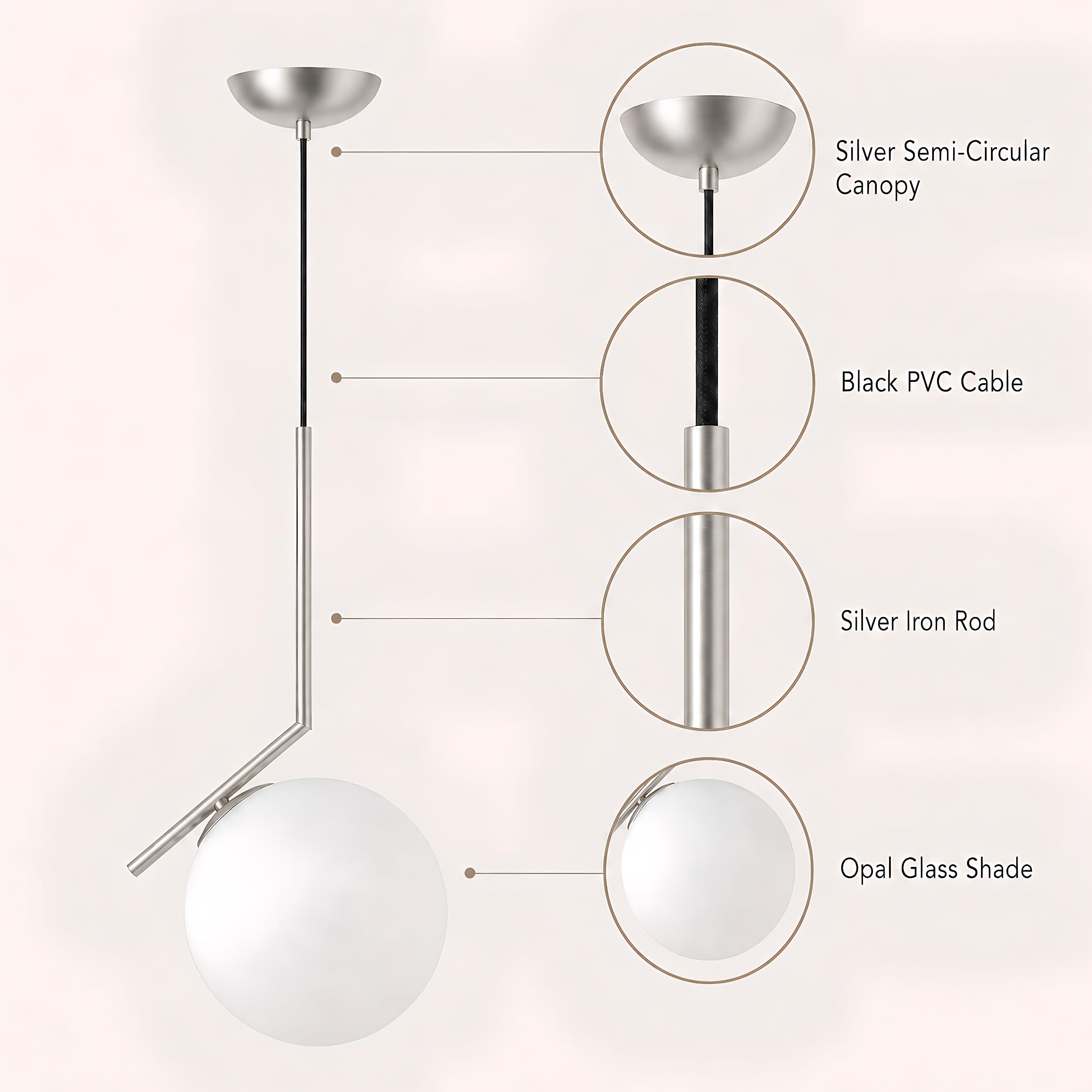 Lámpara colgante asimétrica de vidrio, Lámpara colgante E27, Globo de vidrio opalino, Barra de hierro Plateado, Cable ajustable 120cm para isla de cocina, comedor, dormitorio, cafetería (20CM)