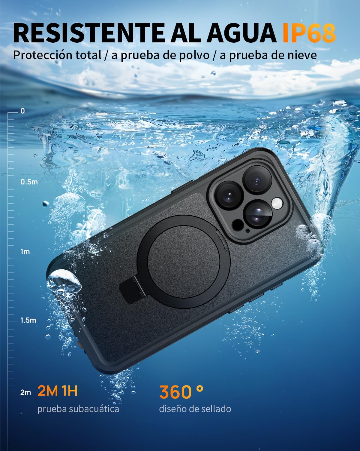 Funda para iPhone 16 Pro Impermeable con Soporte, IP68 Estanca Carcasa con MagSafe, 360° Protectora Antigolpes Antipolvo, Sumergible Acuatica Waterproof Case para iPhone 16 Pro, Negro