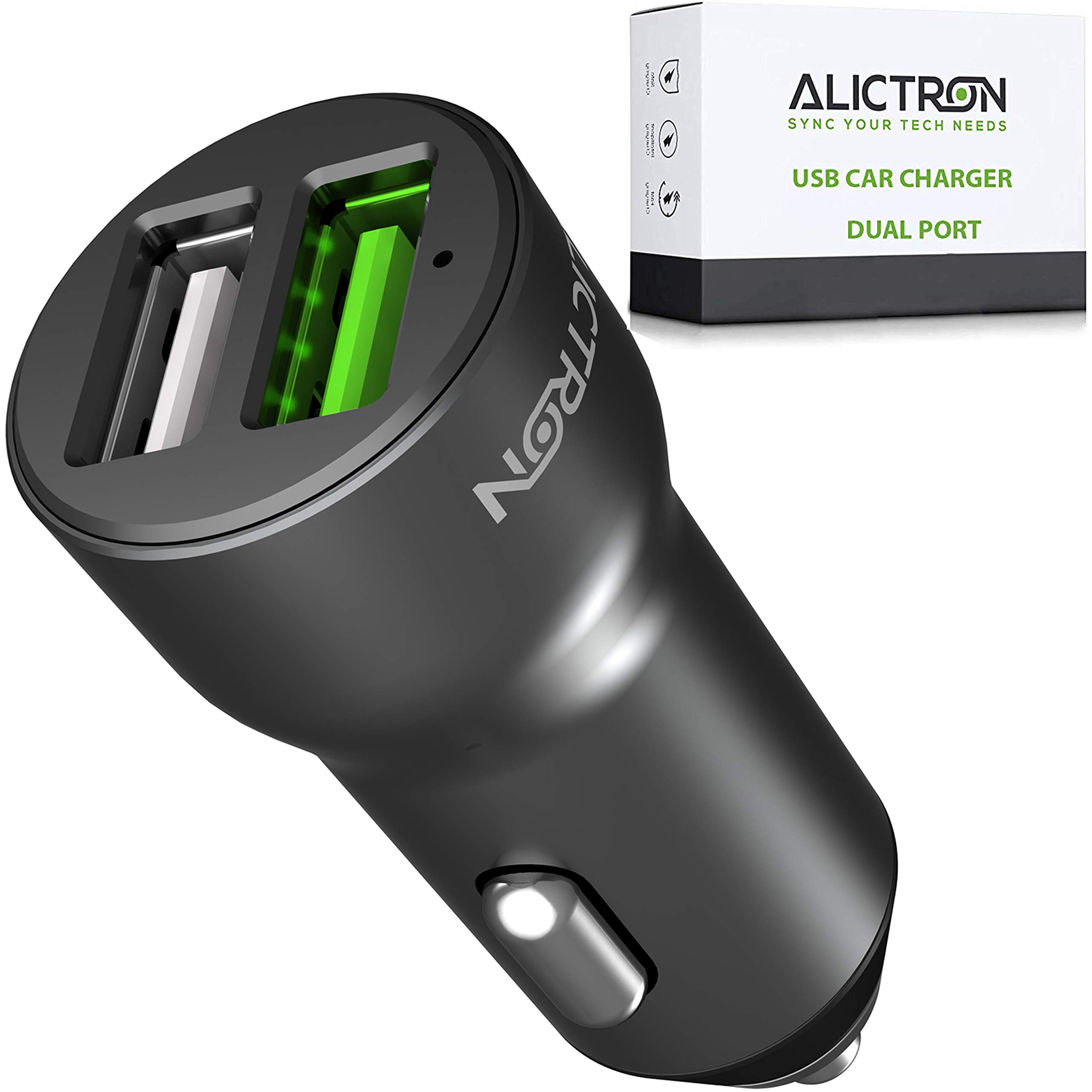 Alictron Fast USB Car Charger - Dual Port 4.8A 24W Adapter For Apple iPhone For Samsung For Huawei and all other Phone Models Android iOS Tablets Laptop Sat Nav - Smart Charging Adaptive Tech Built In (Black)