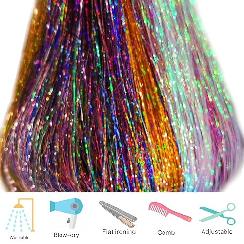 Miniatura 8 de Kit de 1000 hebras de oropel y 6 piezas de extensiones de cabello con clip de oropel con brillantina resistente al calor, con herramientas de clip,