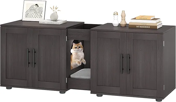 Festisoul Double Compartment Cat Litter Box Enclosure with Hidden Design, Wooden Cat Washroom Furniture for Indoor Cats, Hidden Litter Box Cabinet in Hidden Mountain Walnut
