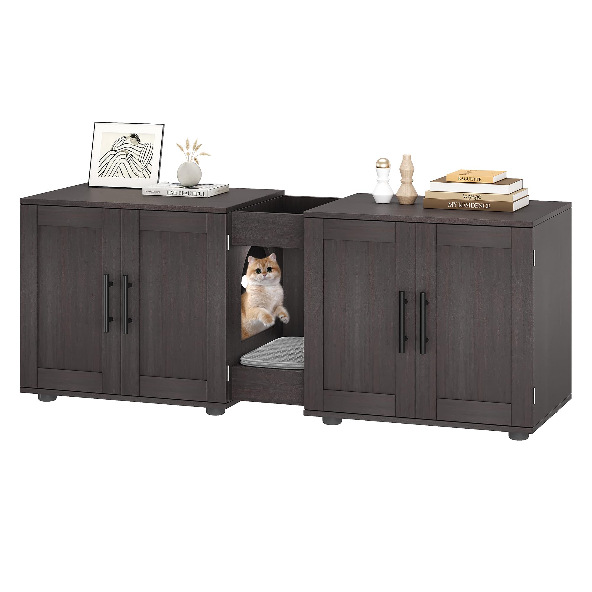 Cat Litter Box Enclosure for 2 Cats, 140 cm Hidden Litter Cabinet Furniture with Scratching Pad, Wooden Double Compartment Cat House with Barn Doors, Multi-Use TV Stand & Side Table for Living Room