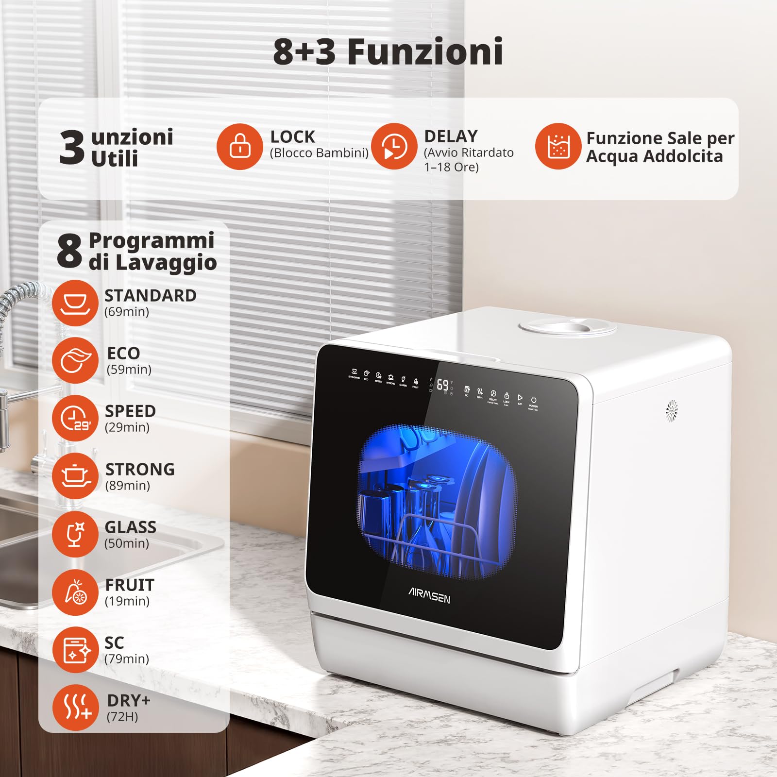 AIRMSEN Mini Lavastoviglie da Tavolo, lavastoviglie portatile da 5L, 8+3 Programmi, Avvio Ritardato 1–18 h, Sistema di Addolcimento e Blocco Bambini