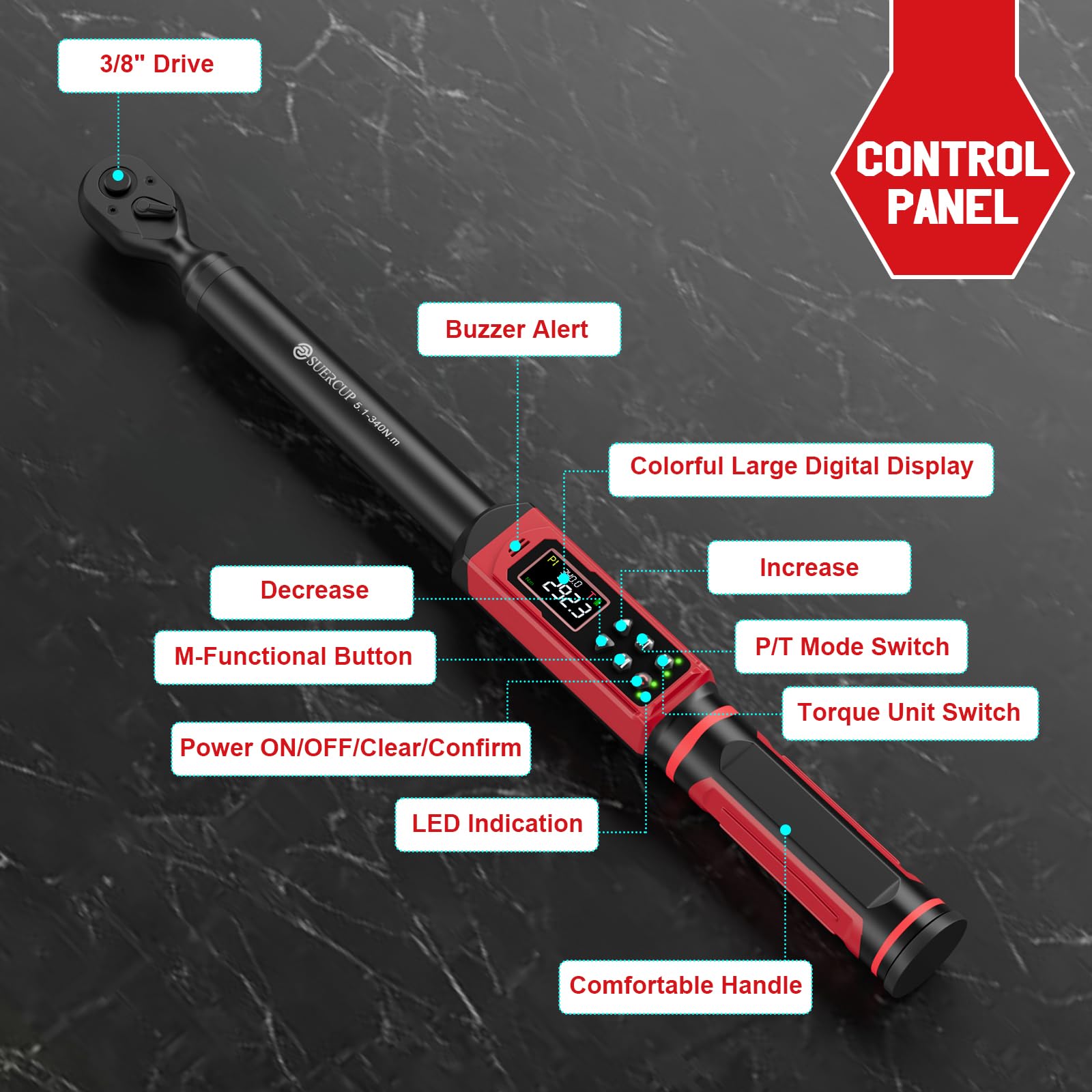 SUERCUP Chiave Dinamometrica Digitale da 1/2" 5.1-340Nm, ±1% Precisione Chiave di Torsione Digitale con Ammortizzatore, Vibrazione, Avviso LED e Cinque unità di Misura, per Auto, Riparazione Moto