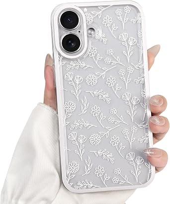 NITITOP Compatible with iPhone 16 Plus Case Cute Clear White Durable Flower Floral Leave for Girls Women Soft TPU Transparent Colourful Frame Full Camera Lens Shockproof Protective Cover - White