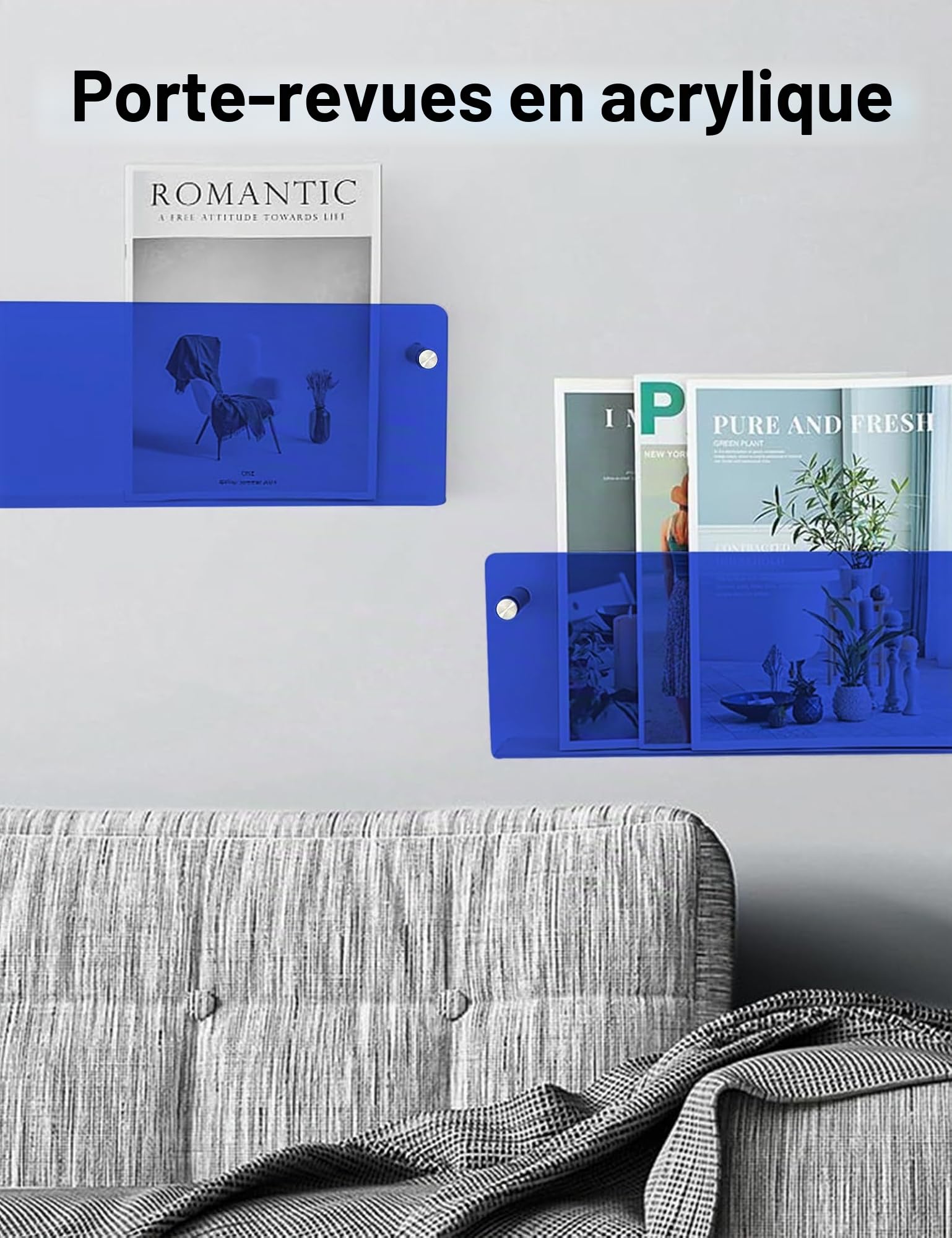 Porte Journaux Mural Acrylique Moderne, Étagère en Acrylique pour Livres, 2 Pièces, 50x15 cm - Bleu