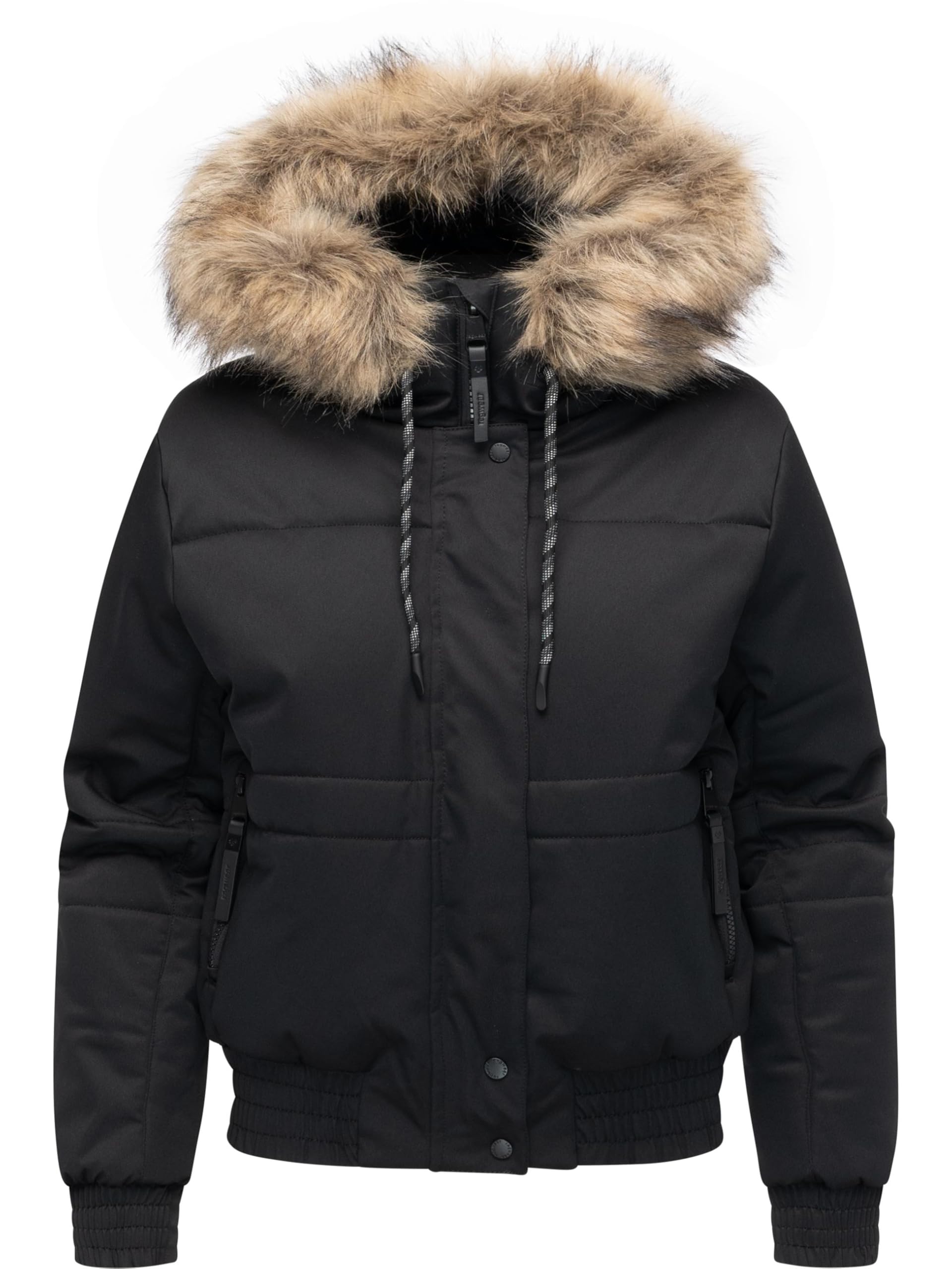 Ragwear Deluxia YOUMODO Women's Warm Winter Jacket, Waterproof Bomber Jacket with Large Hood and (Removable) Faux Fur, XS-XXL, black, XXL
