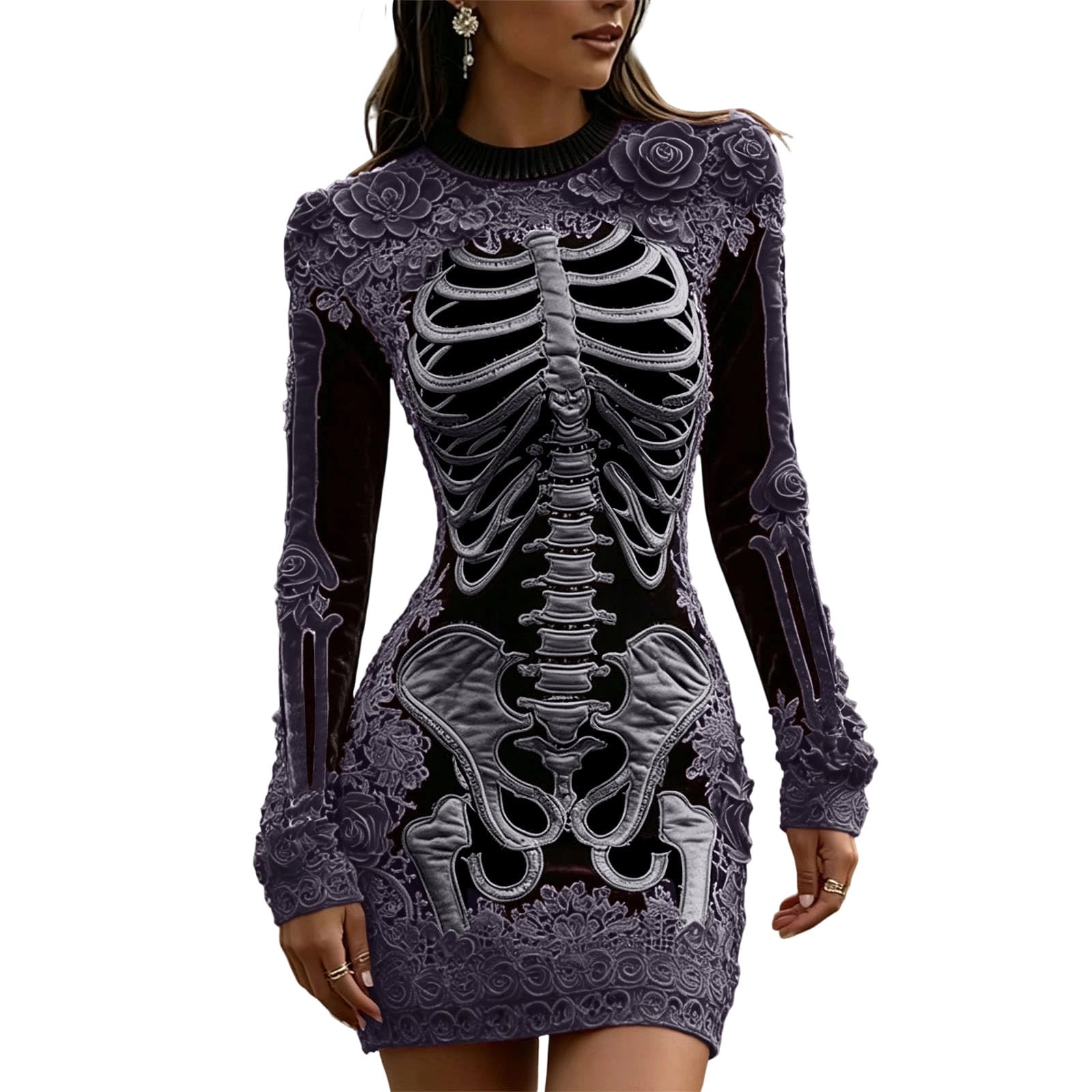 Women Halloween Costume Vintage Long Sleeve Crew Neck Gothic Mini Dress — image 1