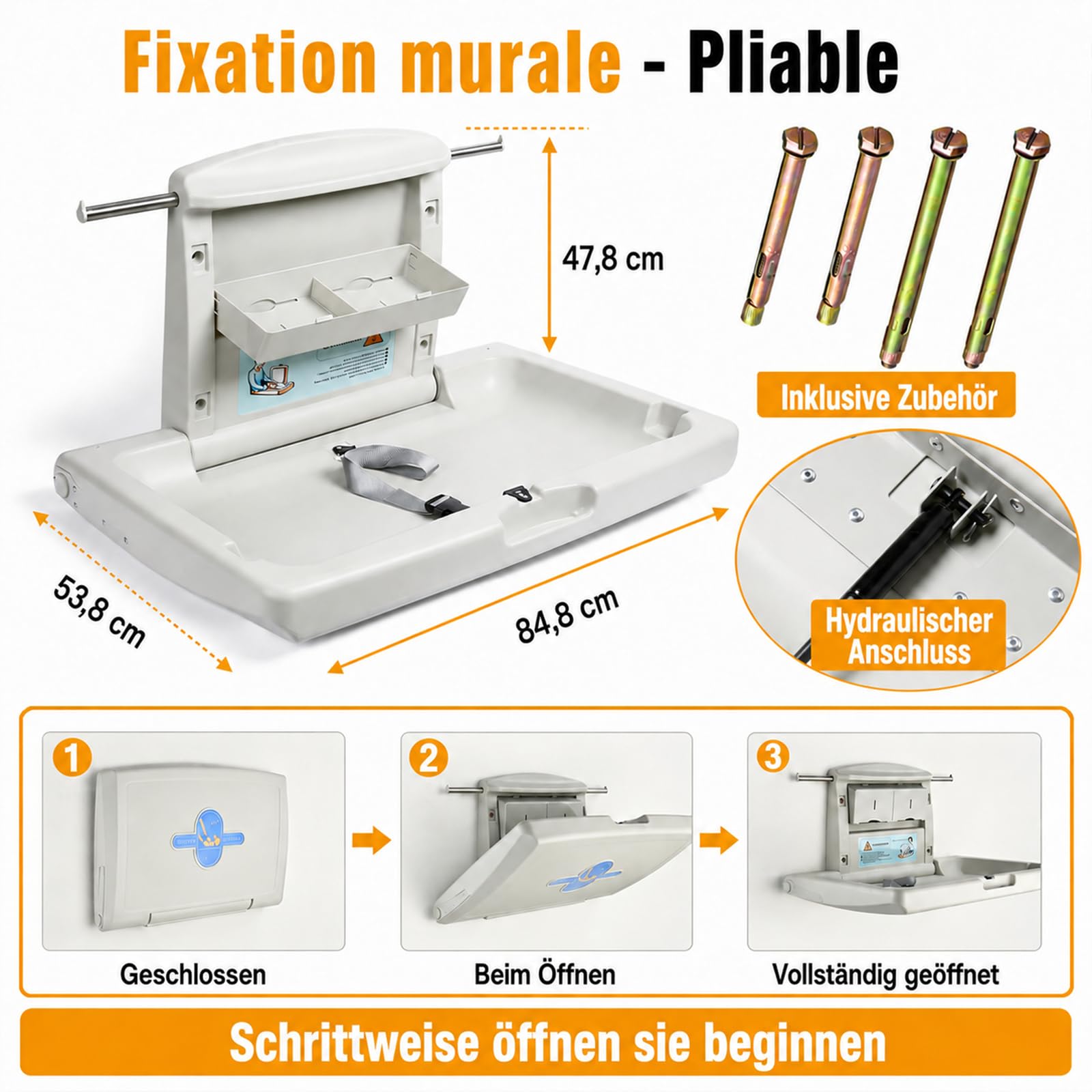 Wickeltisch klappbar Wandmontage mit Sicherheitsgurt, Haken & Aufbewahrungsboxen