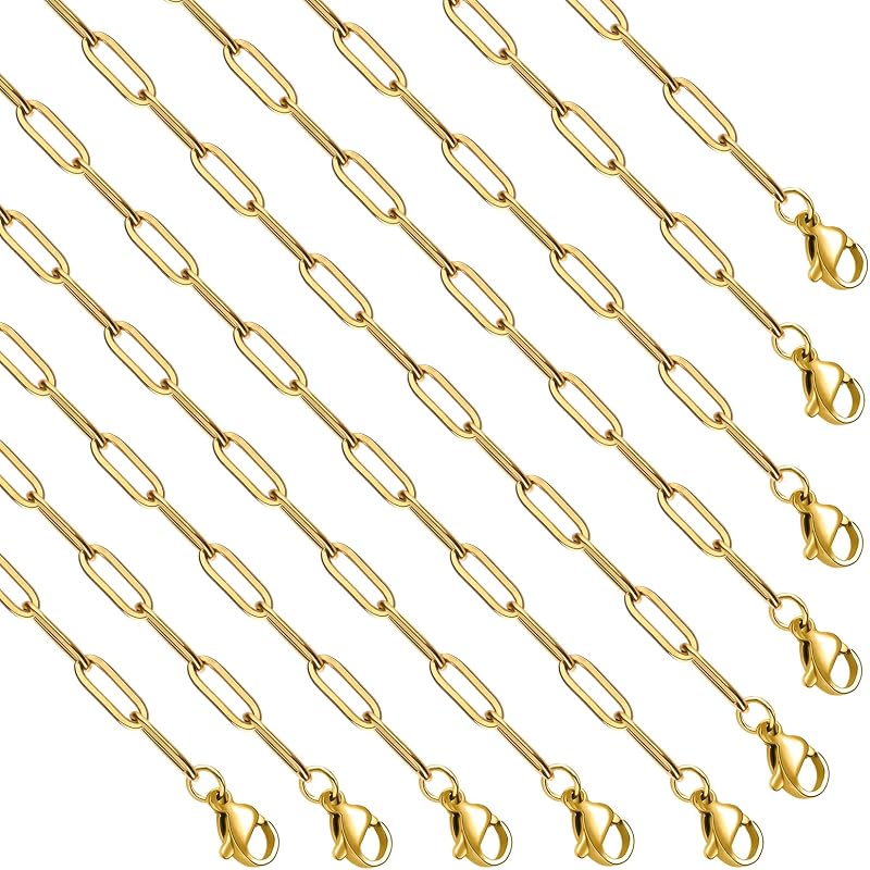 GTVOODX 10 Pack PVD Gold Paperclip Charm Necklace Chains for Jewelry Making | 20 Inch Paper Clip Stainless Steel Adjustable Charm Necklace Bulk Making Kit for Women with Extender