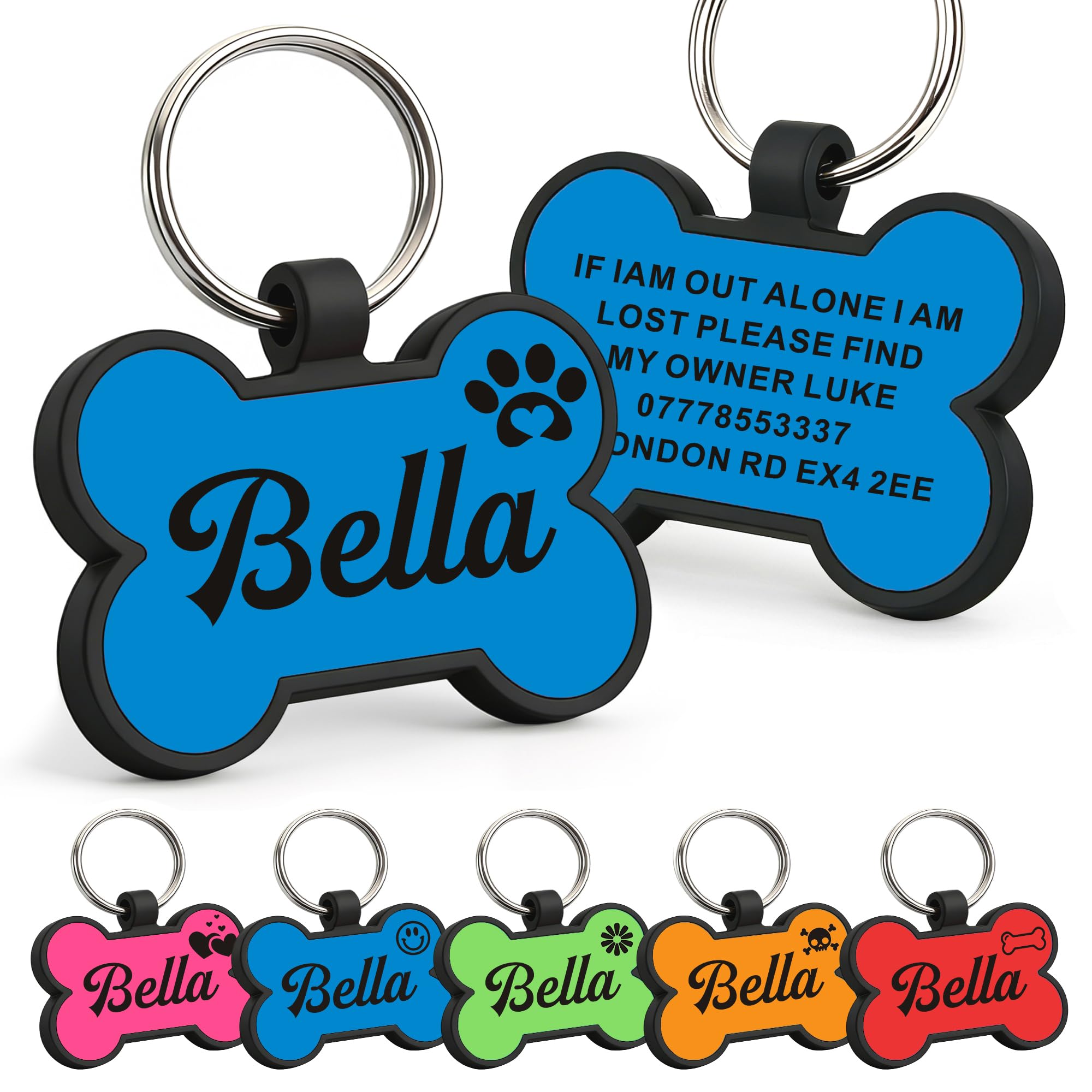 Dog Tags for Pets Engraved UK Personalised Dog Tag Dog Name Tag ID Tags Custom Dog Tags for Dogs Cats Puppy Kitty Silicone Personalised Dog Tag 2 Shapes & 5 Colours(Blue Bone) — image 1