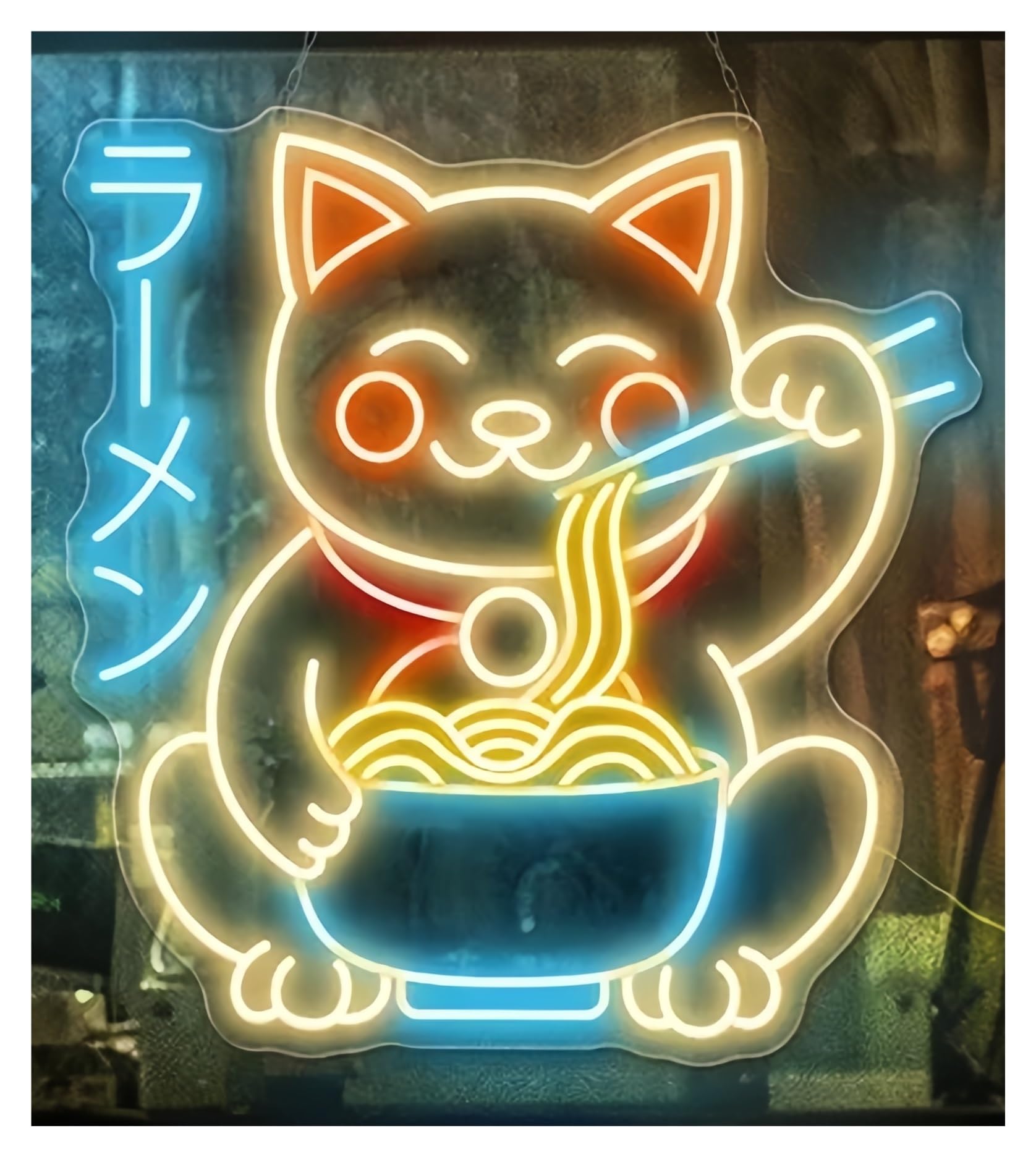Shouxi B Sign Lamp Fortune Cat Ramen Neon Sign Ramen Restaurant Food Shop Wall Decoration(,57X57cm)
