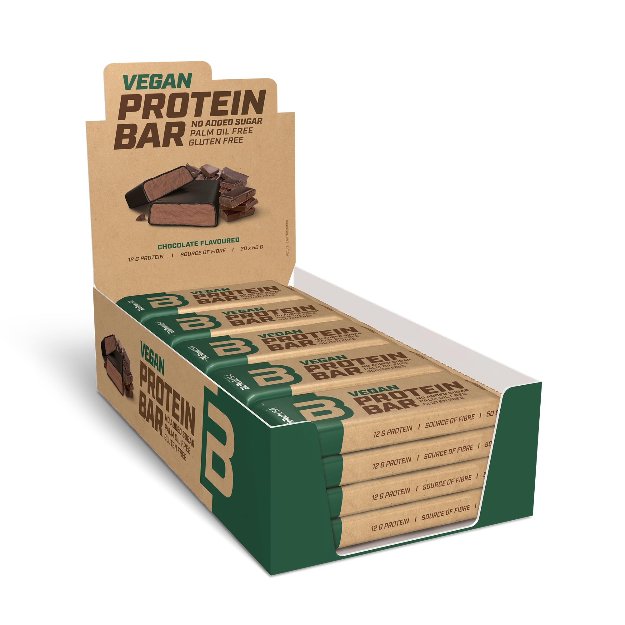 BioTechUSA Vegan Protein Bar, barra de proteína vegana sin lactosa ni gluten, a base de proteínas de origen vegetal, con una sabrosa cobertura de chocolate, 20 * 50 g, Chocolate | Barrita de proteína vegetal | fuente de fibra | bajo en azúcar | sin gluten