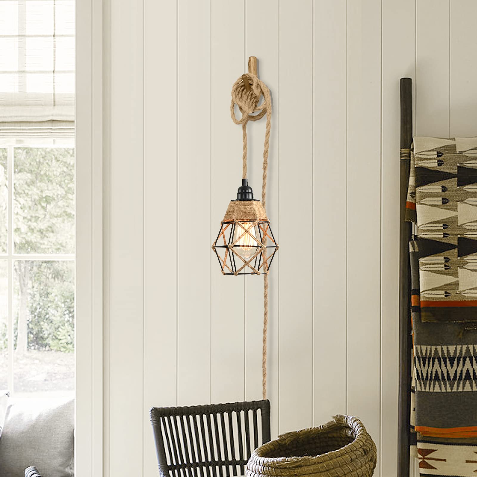 Tapa hanglamp, stekker, zwart, bamboe, 70 cm