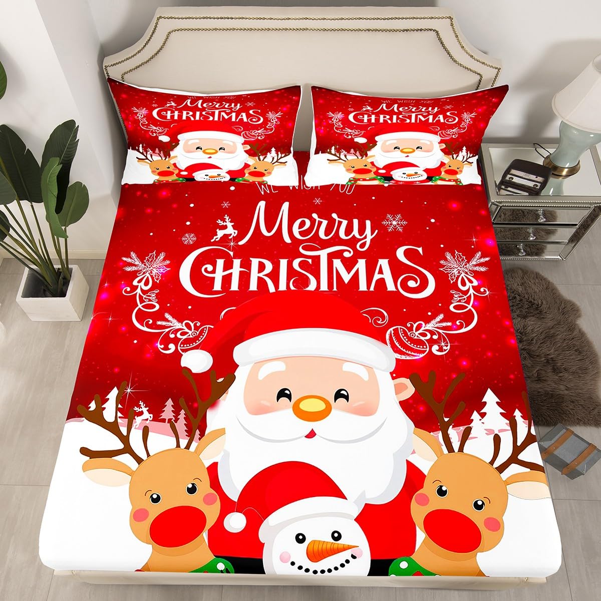 Erosebridal Santa Claus Fitted Sheet with Deep Pocket,Kids Merry Christmas Bed Sheet Queen Size Cute Xmas Deer Bedding Set Girls Boys Winter Snowflake
