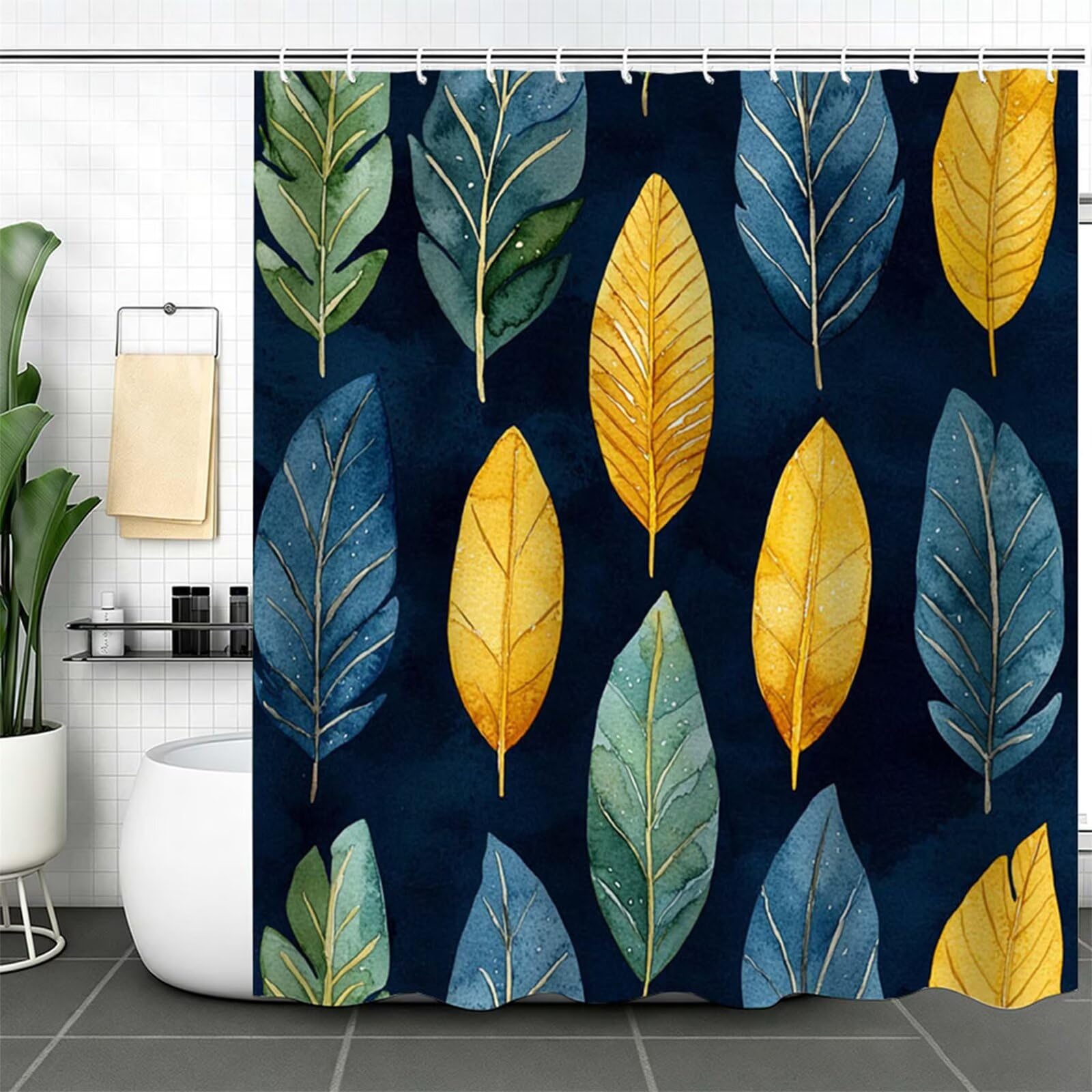 Duschvorhang Pfauenblau, Polyester Stoff aus Textil – Wasserdicht – Waschbar – Inkl 12 Ringe – Badewannenvorhang für Dusche & Badewanne, Shower Curtains 180x180cm Blätter J-613
