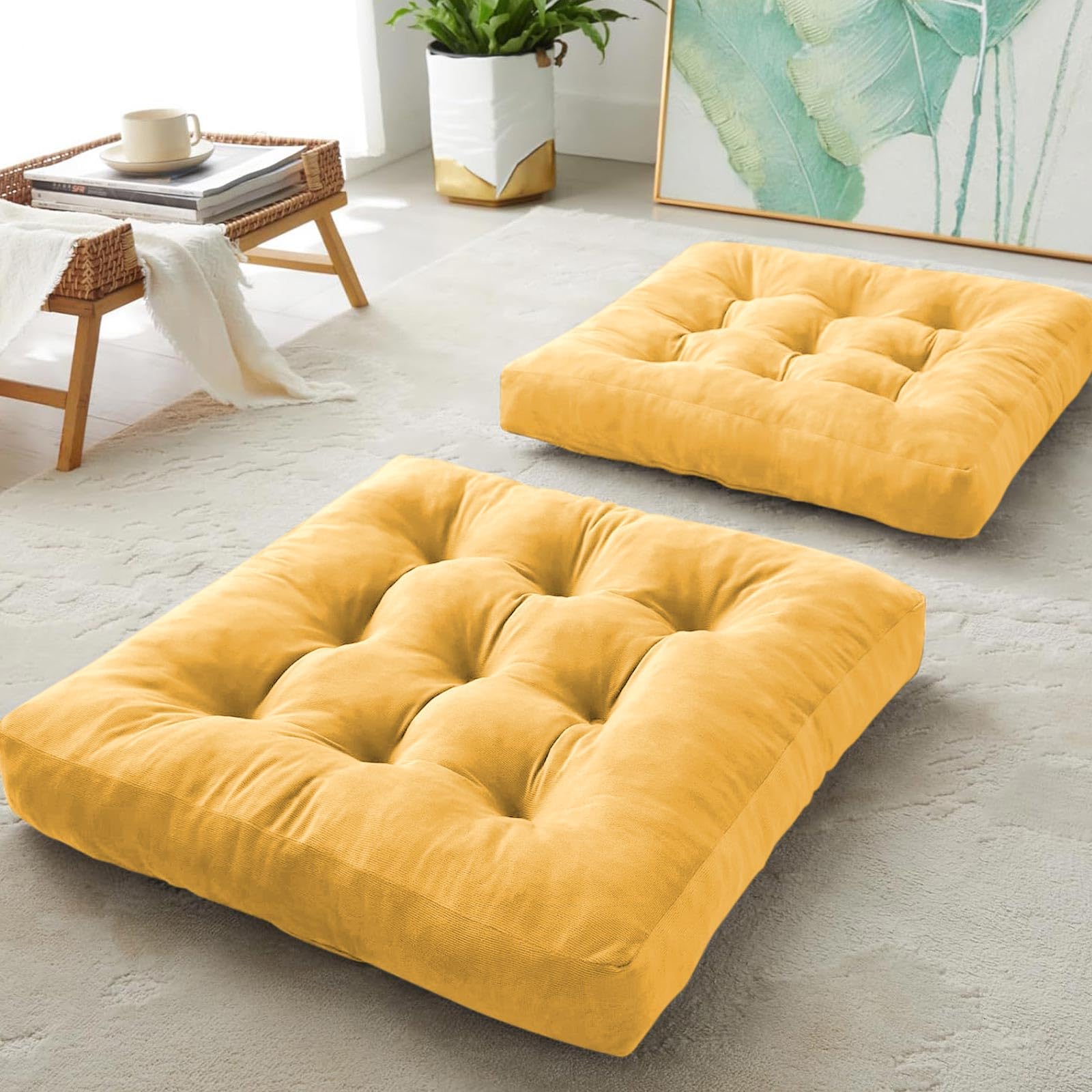 DAWNTREES Floor Pillow Set of 2,Square Large Pillows Seating for Adults, 55x55x10 cm Gray Tufted Corduroy Cushions for Outdoor Yoga Tatami Fireplace Living Room,Yellow
