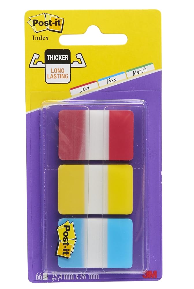 Post-it Index Strong Filing Tabs, Pack of 1 Dispenser, of 66 Tabs,25.4 mm x 38 mm, Yellow, Red, Blue Colors - Extra Strong Sticky Flags for Documents and Information