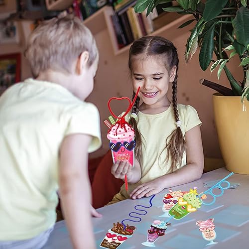 Miniatura 7 de Tuzuaol Paquete de 32 tarjetas para el día de San Valentín para niños, aula, escuela, San Valentín, tarjetas de intercambio con pajitas locas