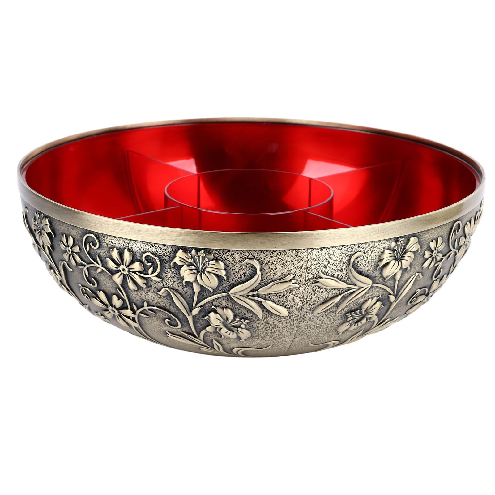 Aramox Boîte de Fruits Secs Plateau de Collation en Alliage de Bronze avec Couvercle Conteneur de Noix divisé Organisateur de Stockage de Motif Floral pour Salon, Hôtel, Réception, Bureau