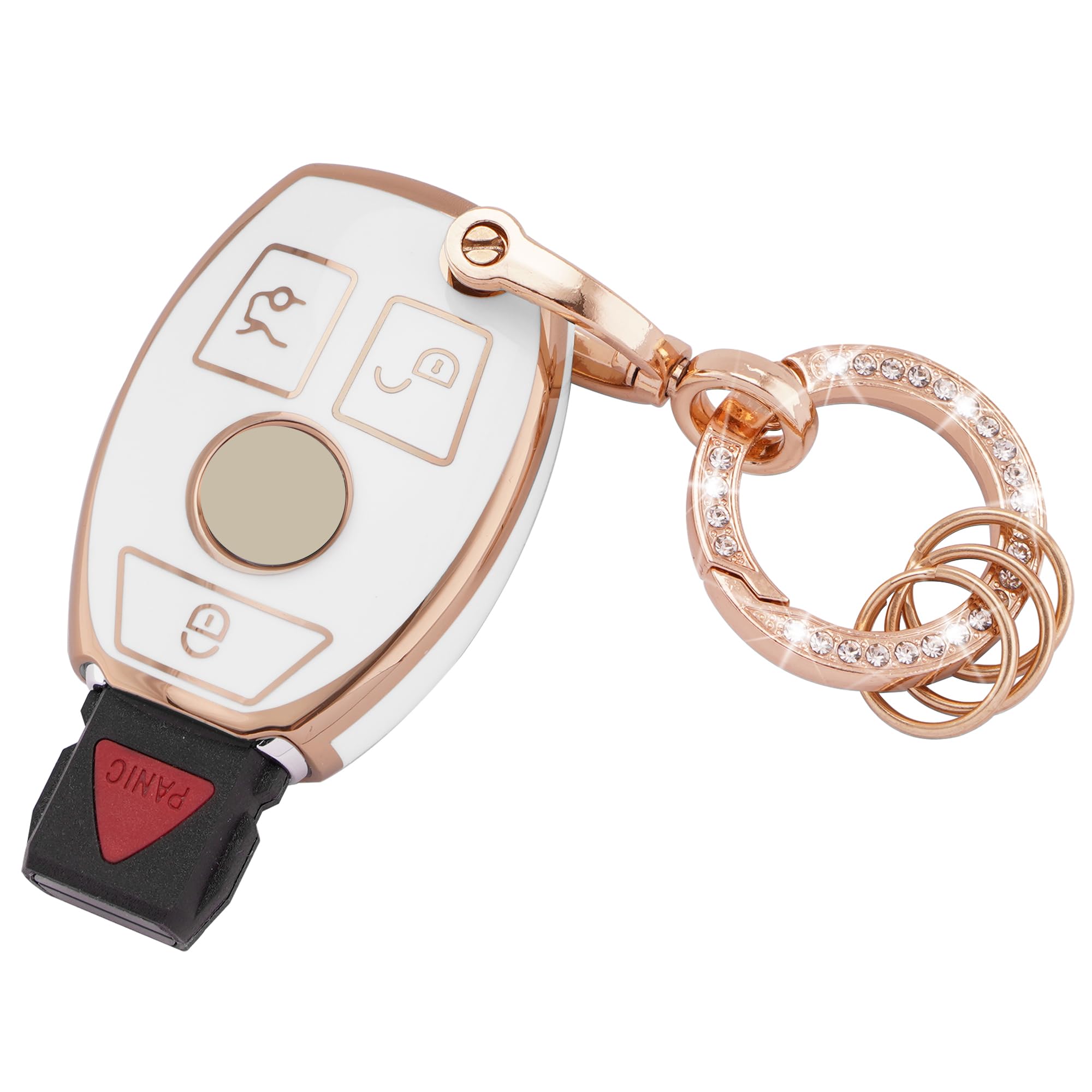 EKALA for Mercedes Keychain Bling Gold White Key Fob Cover Soft TPU Full Protection Smart Key Fob Case Fit for Mercedes Benz A B C E G R S M Class AMG 3 Buttons Remote Smart Key Protector (R-Bz-W)
