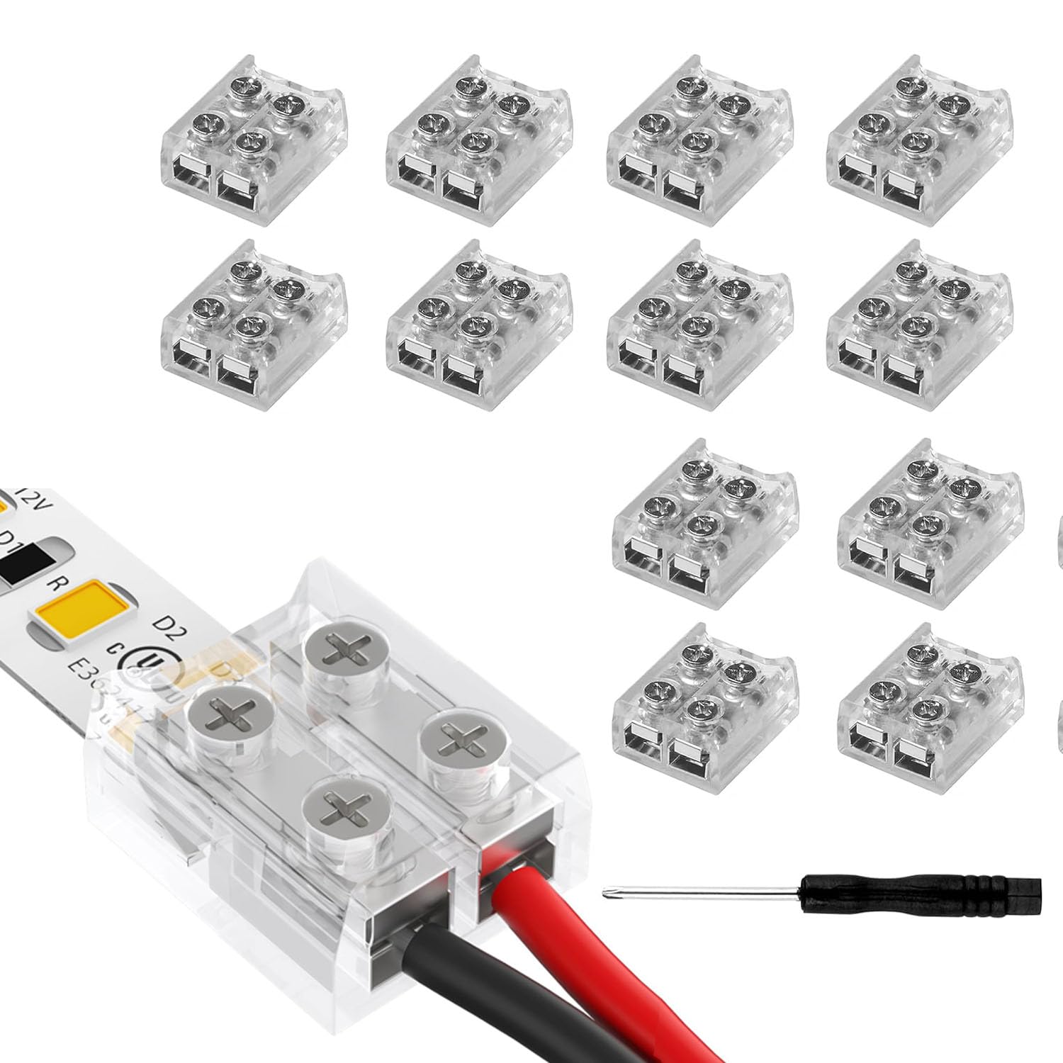 12pcs 2pin 8mm LED Tape Lights Connector,Tighten Screw Strip to Wire Connectors,Solderless Transparent Led Connectors for SMD COB Single Color LED Strip Lights (2pin 8mm strip to wire)