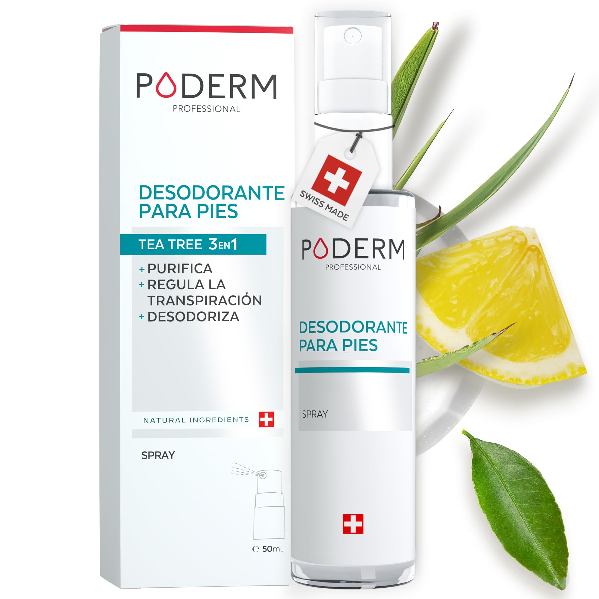 PODERM Spray Desodorante Anti Olor - 50 ML | Árbol de Té, Menta y Limón | Ayuda a Regular la Transpiración y Proporciona una Sensación de Frescura | Fácil & Rápido | Creado por una Podóloga en Suiza