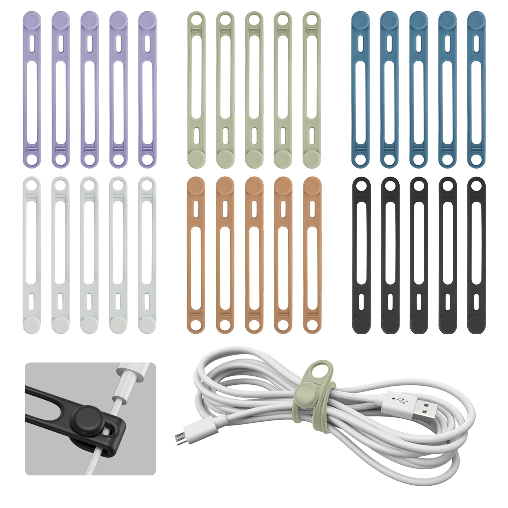 Kanemc 30-Pack Cable Ties Silicone, Reusable Cord Ties Wire Organizers Cord Wraps Electrical Cable Holder For Phone Charger, Bundling Earphone, Laptop Computer Cords (6 Colors)