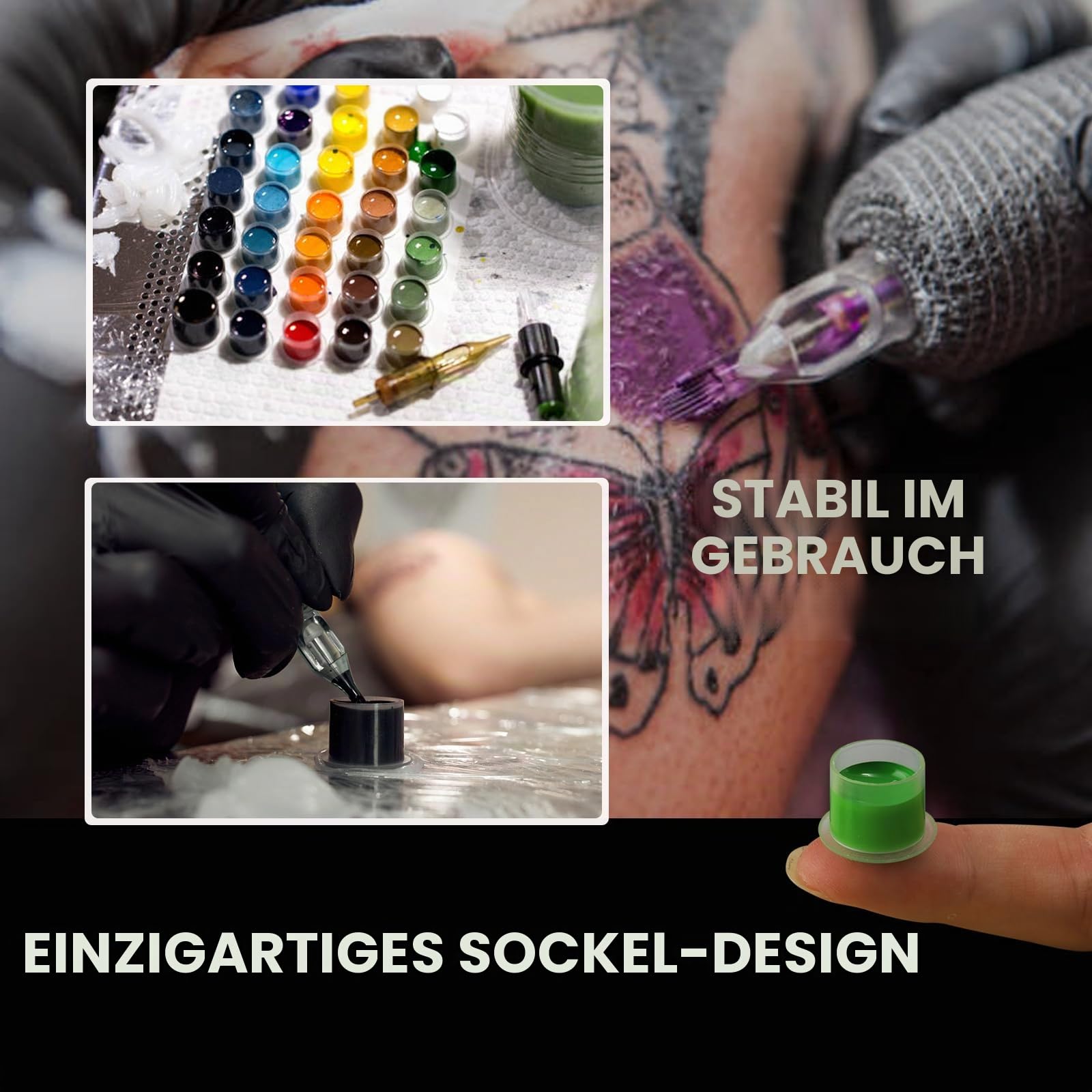 Emalla 1000 Stück Tattoo Farbkappen Cups #14 Ink Cups mit Base Einweg Pigment Caps Klein Kunststoff Farbbehälter für Tattoo Zubehör