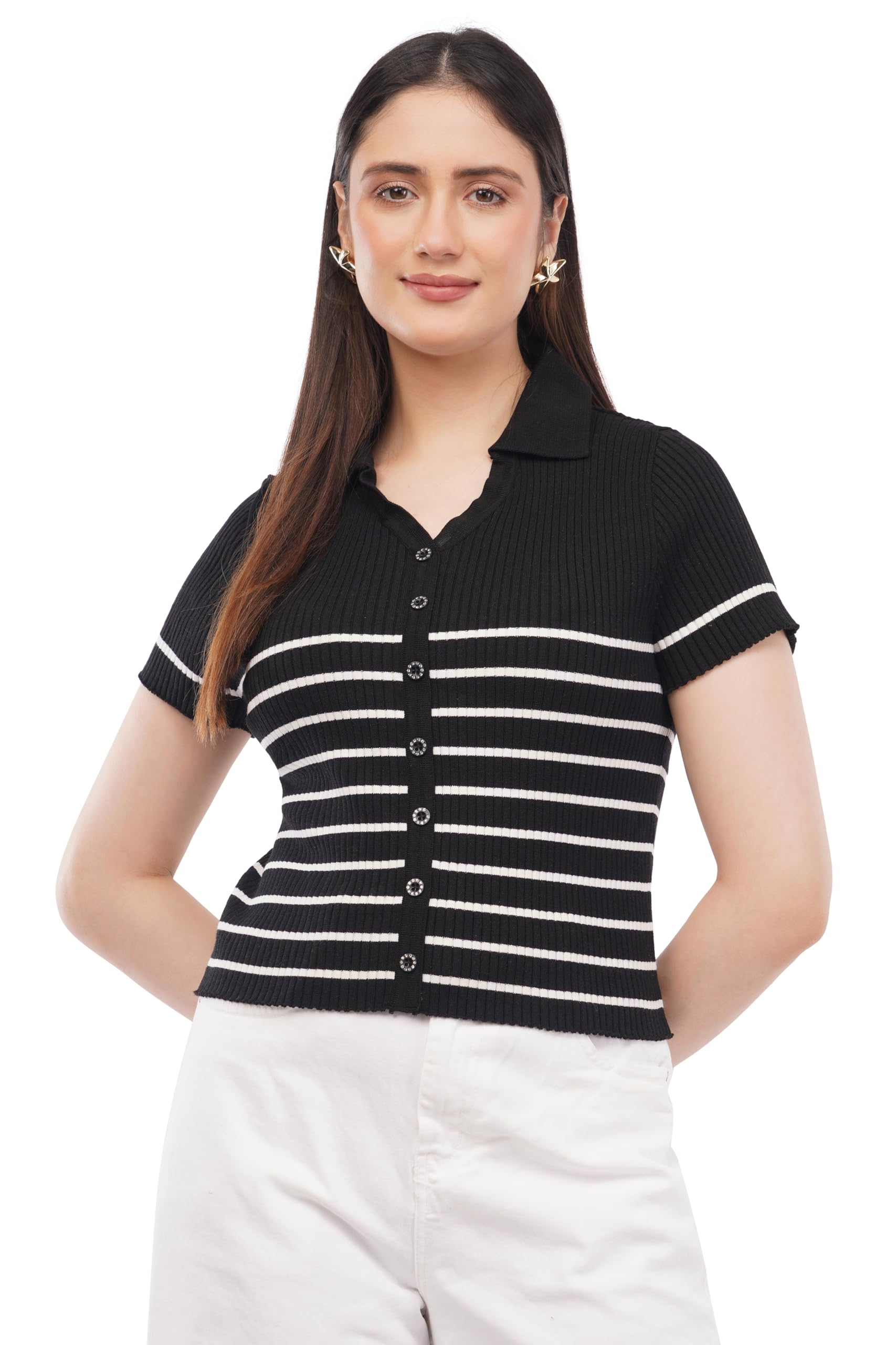 zayn apparel Women Ribbed Knit Striped Crop Top | Faux Button Front Slim Fit Polo Collar Short Sleeve Casual Top-picture-37