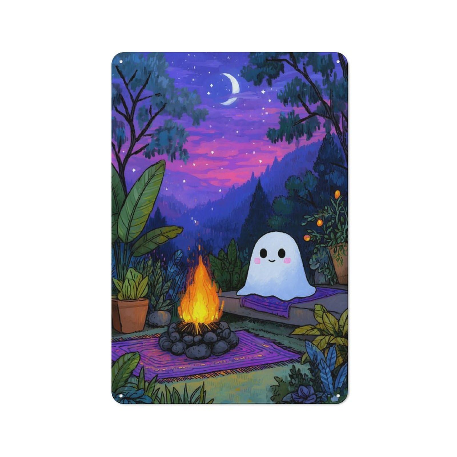 Junmoney Cute Ghost Campfire Night Scene For Garden Room Or Summerhouse, Retro Tin Sign 30X20cm, For Garage, Workshop And Man Cave Decoration