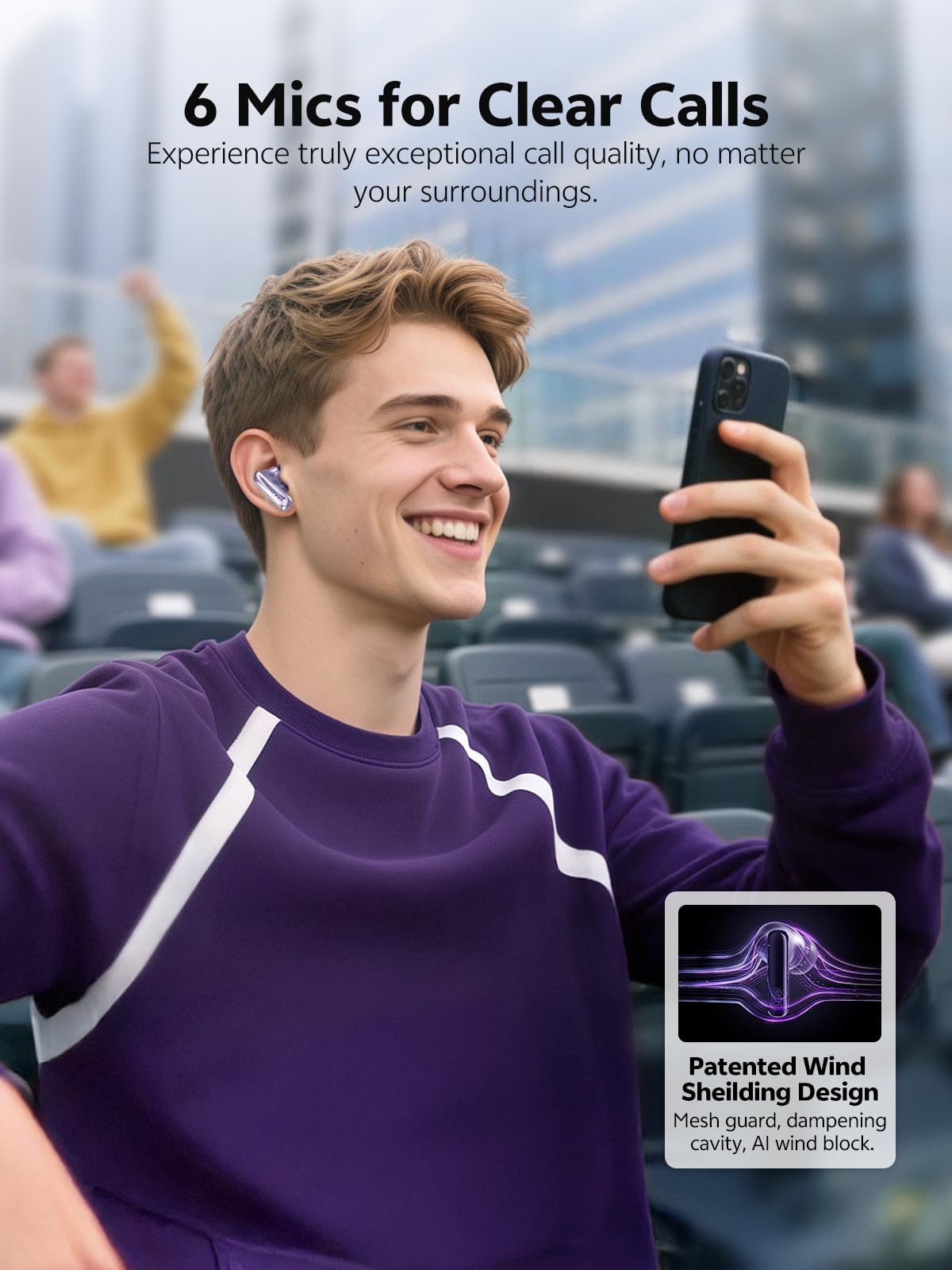QCY MeloBuds N70 Auriculares Inalambricos Bluetooth 6.0, Cancelación Activa de Ruido Adaptativa, Hi-Res Audio LDAC, Sonido Espacial, 50H Reproducción, Carga Inalámbrica, Connexion Multipunto, Morado