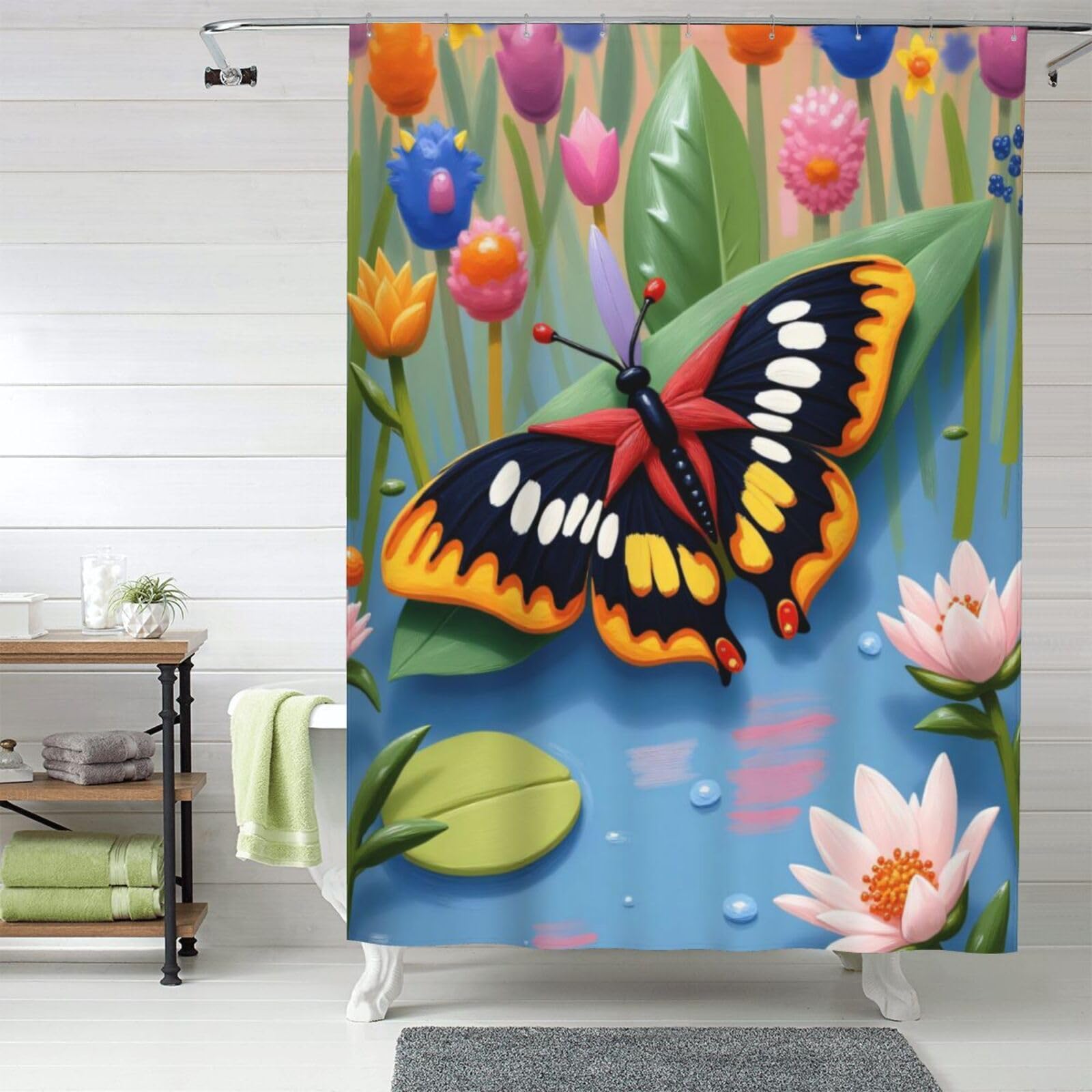 Rideau de douche en tissu 152x183 cm avec crochets motif papillons classique n° 964