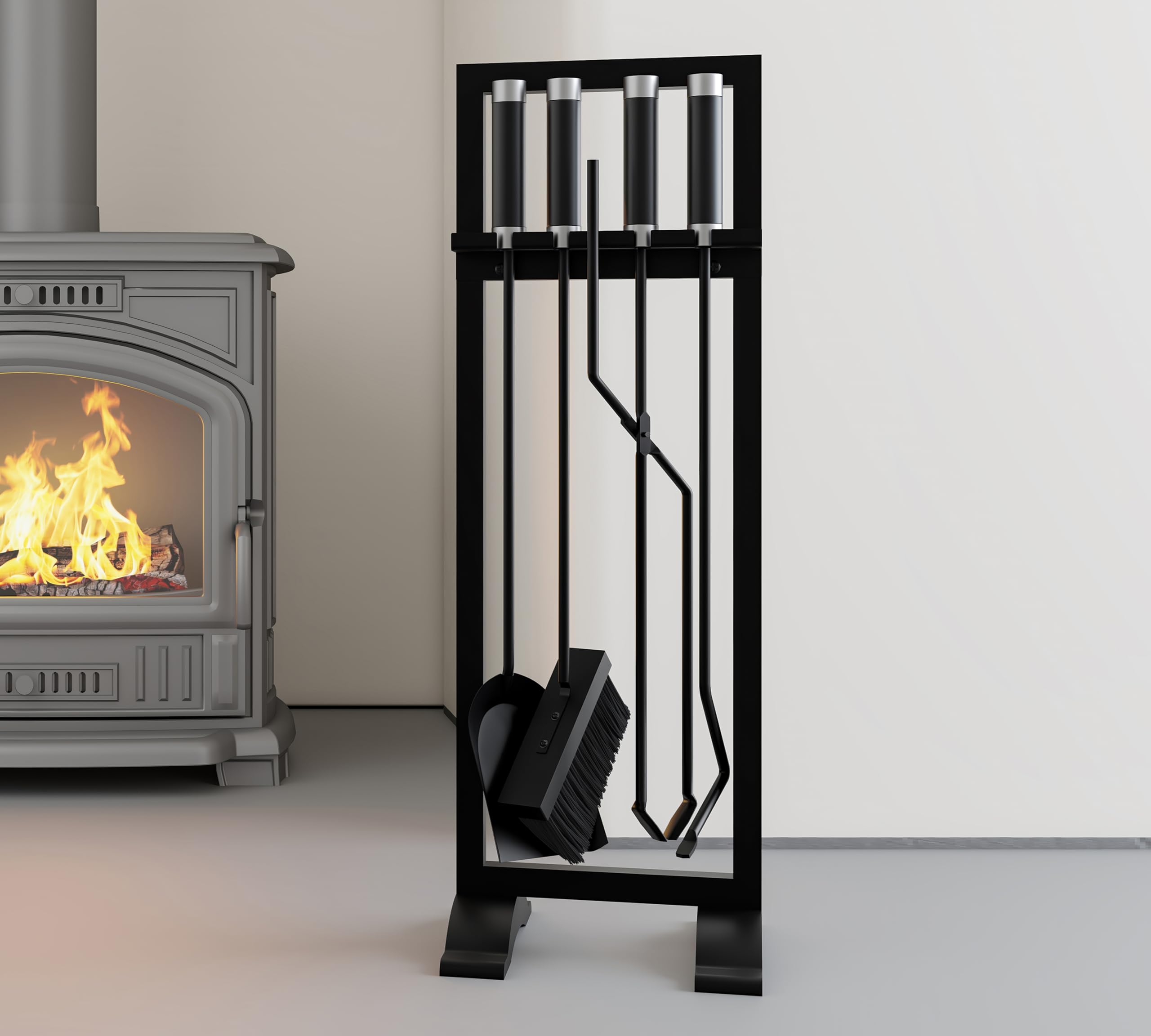 Kingson – Set di accessori per caminetto, 4 pezzi, include attizzatoio, pala, spazzola e pinze – 61 cm, attrezzi per focolare con manici in acciaio inossidabile e ferro – Supporto nero moderno