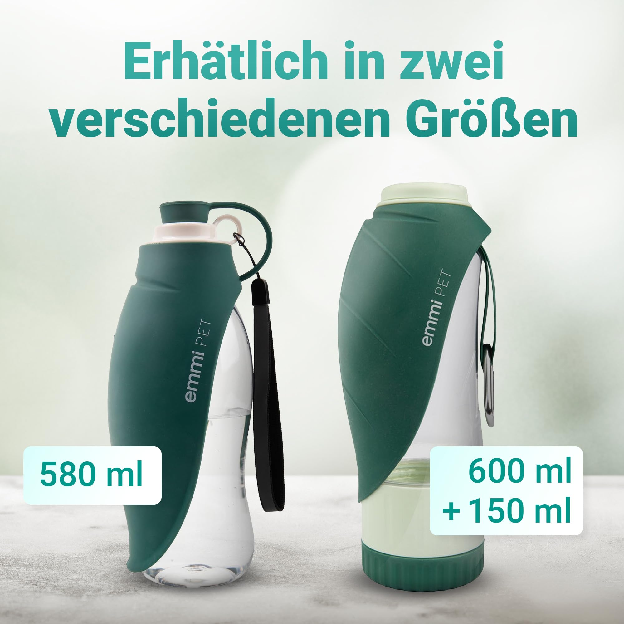 emmi-pet Butelka na wodę dla psa 600 ml z pojemnikiem na karmę 150 ml – Przenośna butelka na wodę dla małych i dużych psów – Idealna na podróże, wędrówki i aktywność na świeżym powietrzu