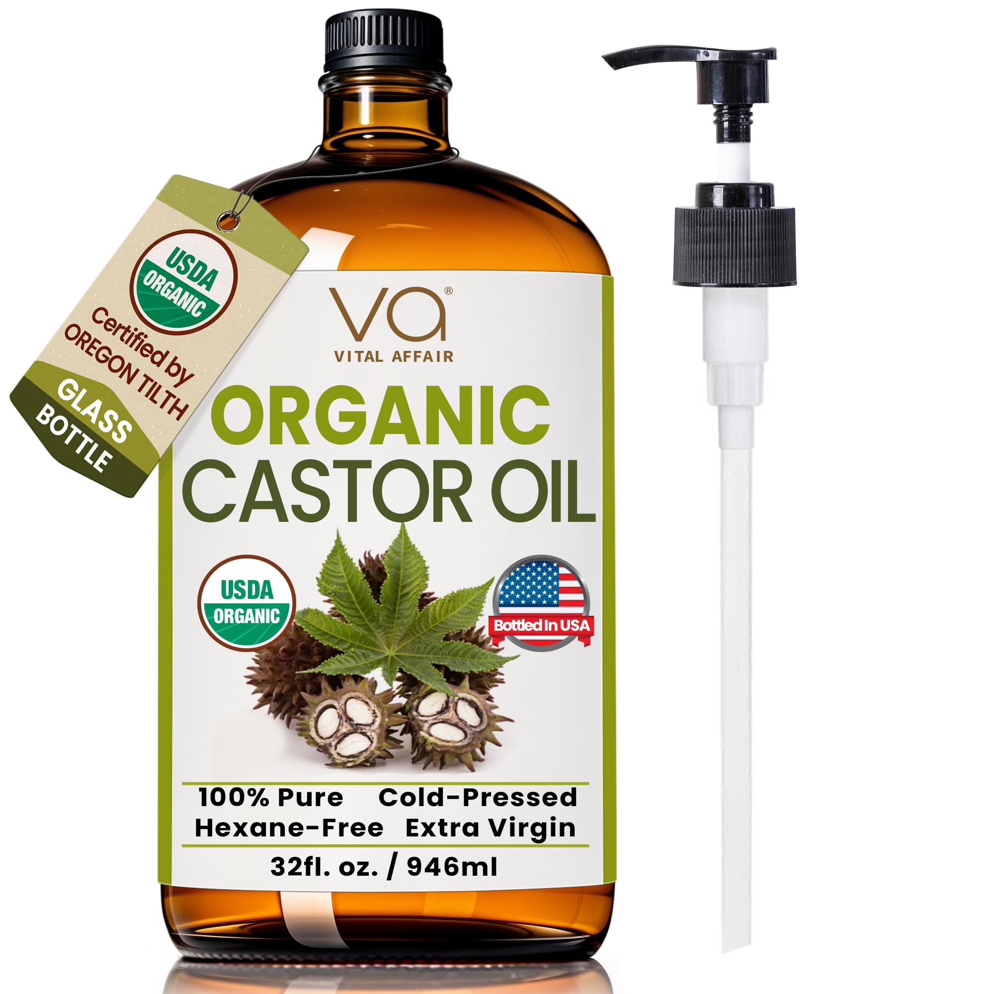 VITAL AFFAIR Pure Organic Castor Oil 32oz – Cold Pressed, Unrefined, USDA Organic – Glass Bottle for Hair Growth, Eyelashes, Eyebrows, Face & Castor Oil Packs