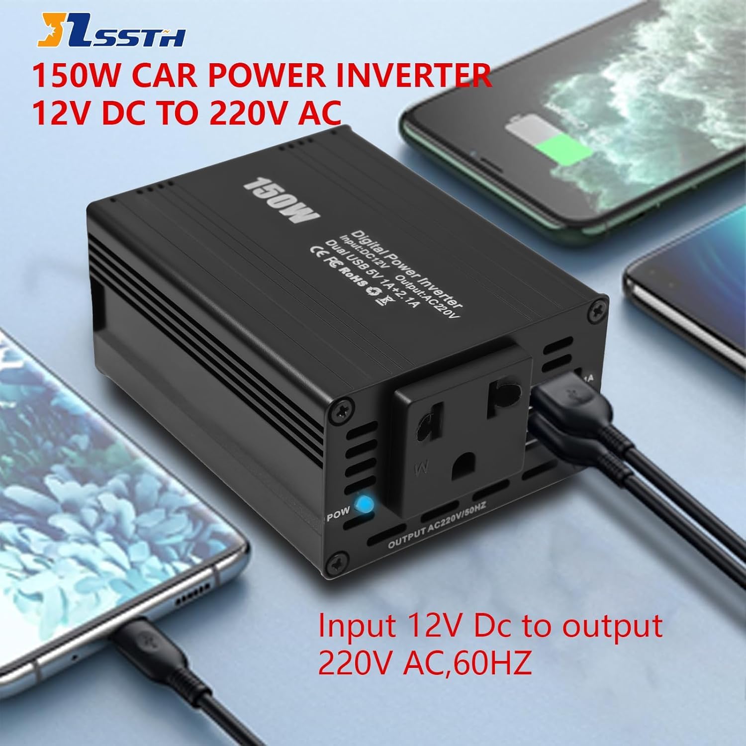 Onduleur de Voiture 150 W DC 12 V vers AC 230 V avec 2 Ports USB et Allume-Cigare, idéal pour Le Camping, Les Voyages et l'alimentation de Secours (Noir)