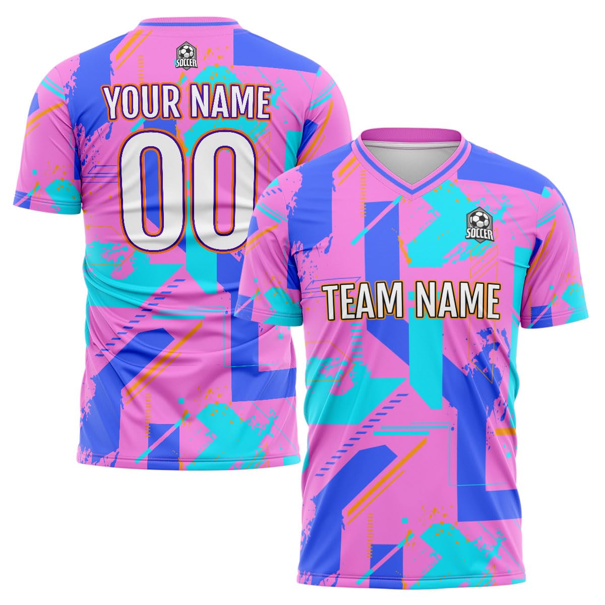 vients Custom Soccer Jersey Kids Adults Personalized Soccer T-Shirts with Team Name Number Logo (US, Alpha, Medium, Geometry Pink Blue)